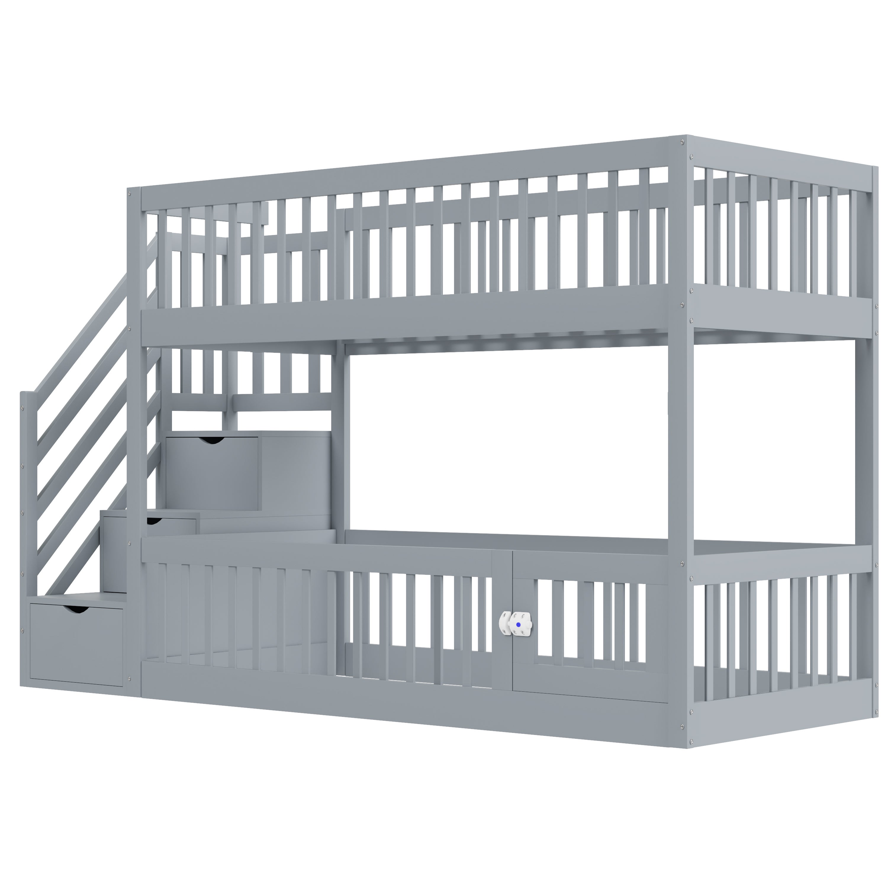 Lit superposé 90x200cm - avec escalier de sécurité - avec 3 tiroirs - Gris (matelas non inclus) - 8