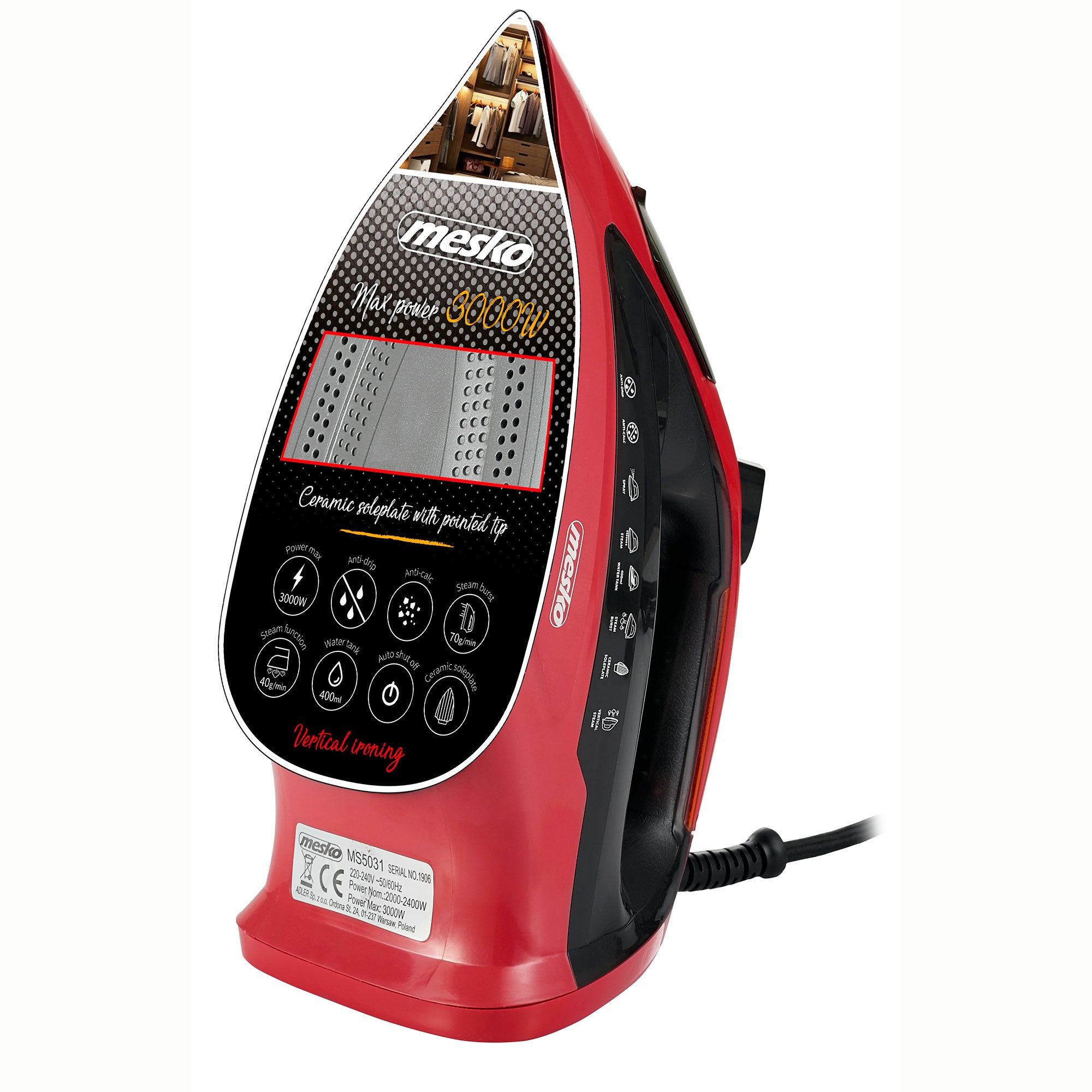 Ferro da Stiro a Vapore Piastra Ceramica, Funzioni Vapore Verticale Autopulente Mesko Nero/Rosso MS5031 3000 - 4
