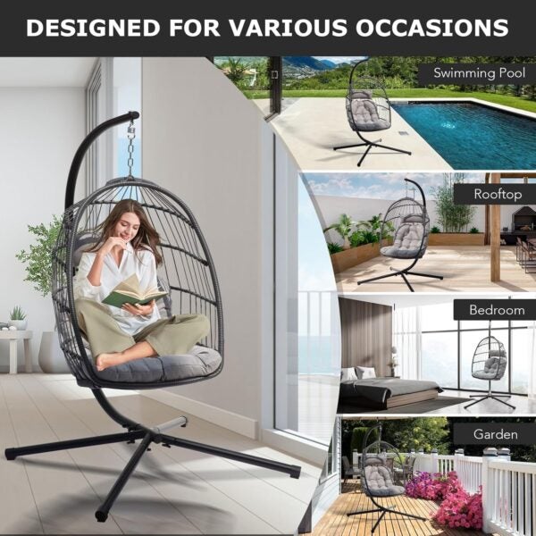 Fauteuil œuf suspendu pliable en rotin avec coussin et support - 7