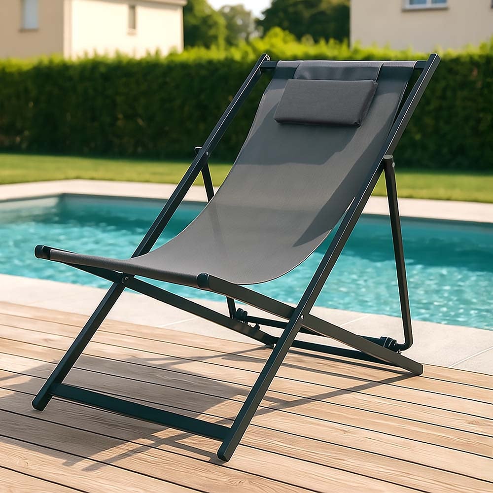 Chaise chilienne pliante 94x61 cm textilène anthracite avec coussin – 5 positions - 7