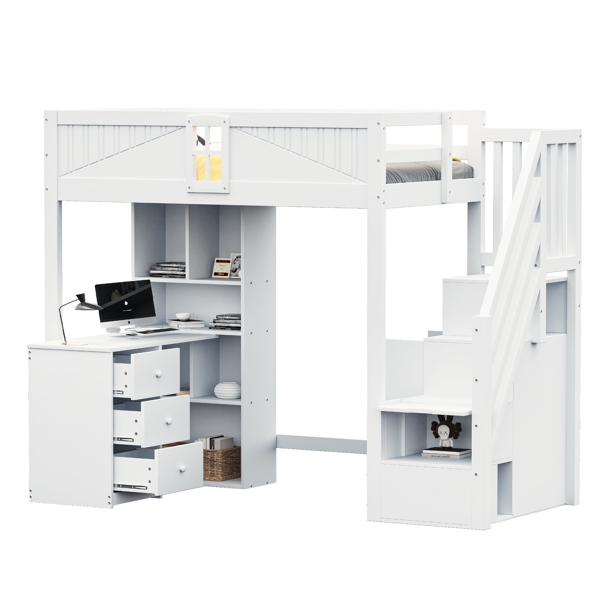 Lit Mezzanine90 X 200 Cm, Barrière De Sécurité Unique Avec Fenêtre, Avec Rangements, Bureau Et Tiroirs Echelle De Rangement Blanc 97345547