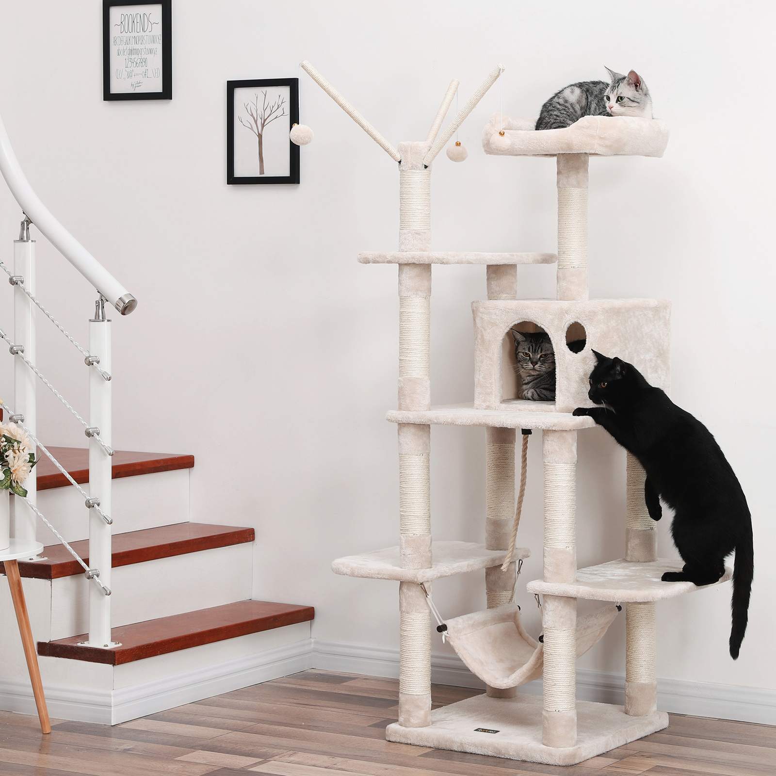 Árbol para gatos rascador con nidos, hamaca, plataformas y bolas de juego, altura de 154 cm, beige - 5