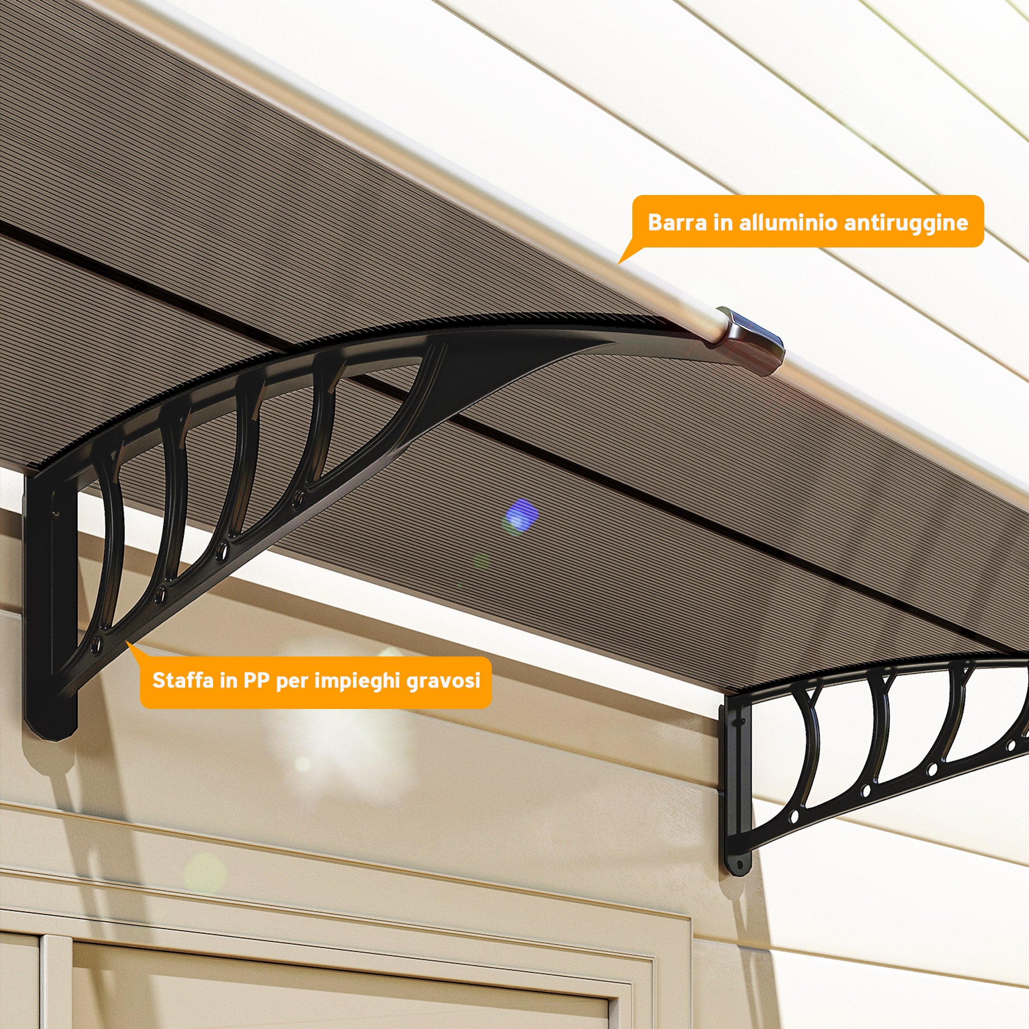 Outsunny Pensilina da Esterno per Finestre e Porte, in Policarbonato e Alluminio, 200x96x27cm, Marrone - 8