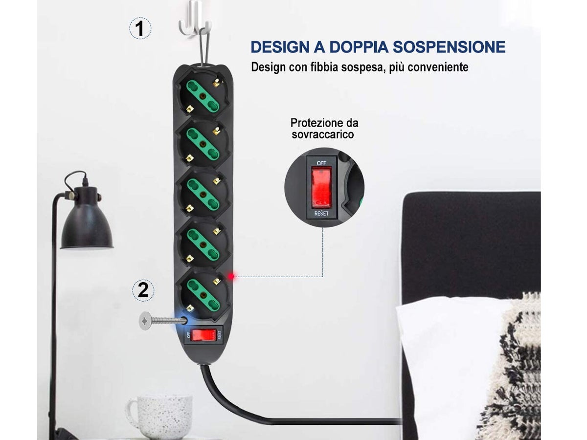 Ciabatta Multipresa 8 Posti Bipasso + 4 Uscite Schuko – 12 Prese Totali, Spina 10A, Interruttore Di Sovraccarico, Cavo 1.5m, Per Casa E Ufficio - 2
