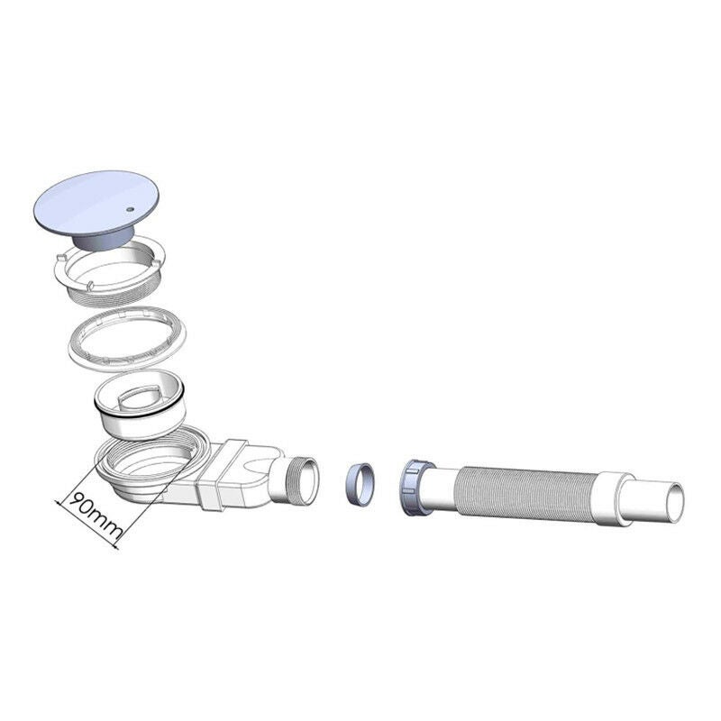 Siphon de sol, bonde de douche 90 mm, extra plat, trou d'évacuation dans receveur de douche, siphon avec système anti-odeur, pare-cheveux, tuyau flexi - 4