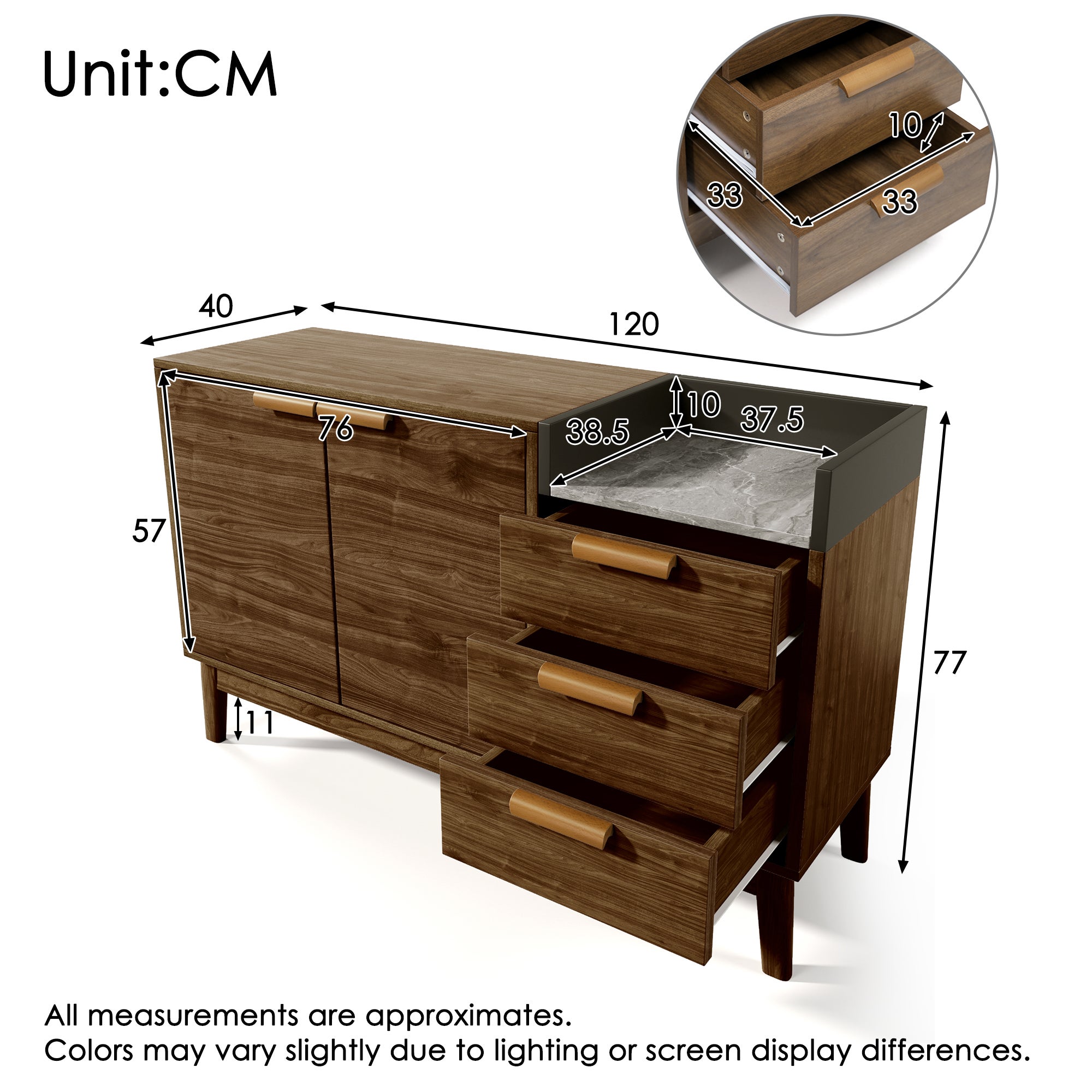Komoda z 2 drzwiami, 3 szufladami i blatem imitującym marmur - 120 x 40 x 77 cm - MDF + lite drewno - Ciemny dąb - 2