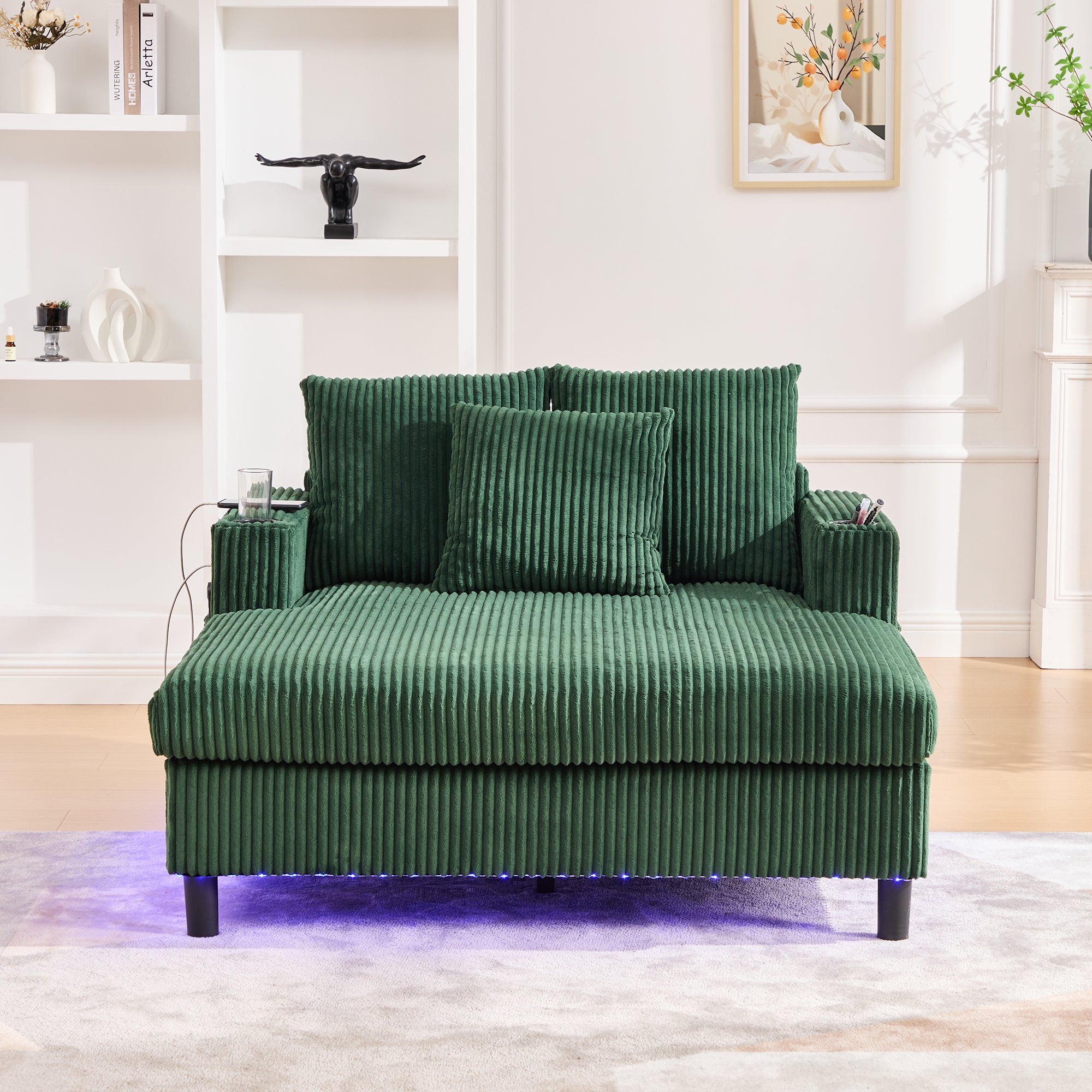 Fauteuil-longue avec porteboissons latéraux, prises USB, LED, en velours, couleur émeraude - 3