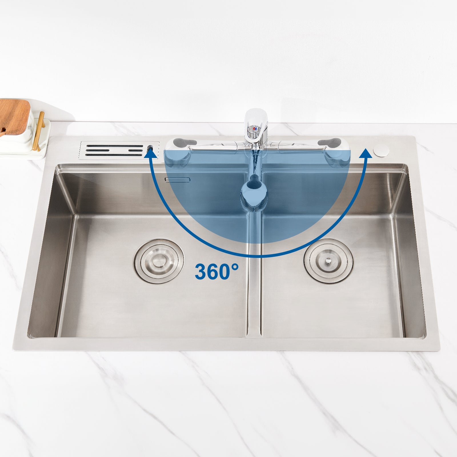 Rubinetto cucina doccetta estraibile,Miscelatore cucina in acciaio inossidabile con doccetta 2 modalità Jet, becco basso, PivoTanto 360°,cromata - 2
