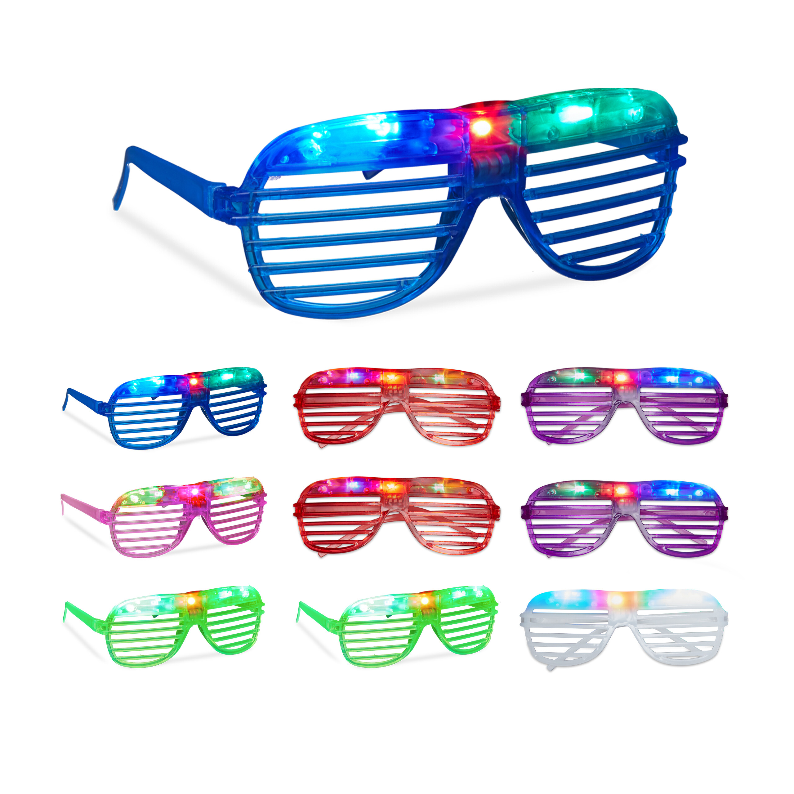 Relaxdays pack 10 gafas led fiesta, accesorios cotillón, 3 modos de luz, boda, nochevieja, rejilla, plástico, multicolor