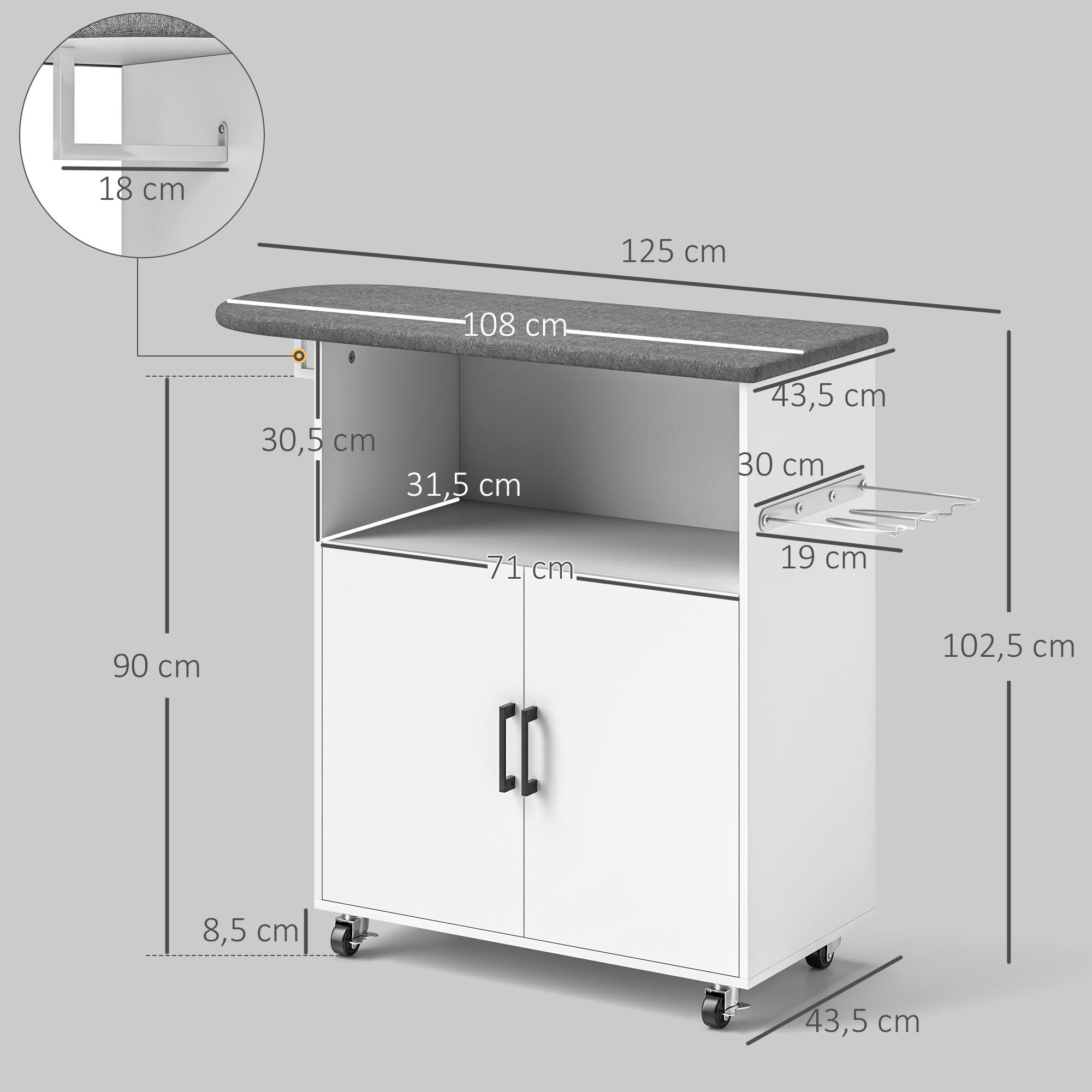 HOMCOM Table à repasser Mélamine Bois Blanc 125x43.5x102.5 cm 831-918V80WT - 3