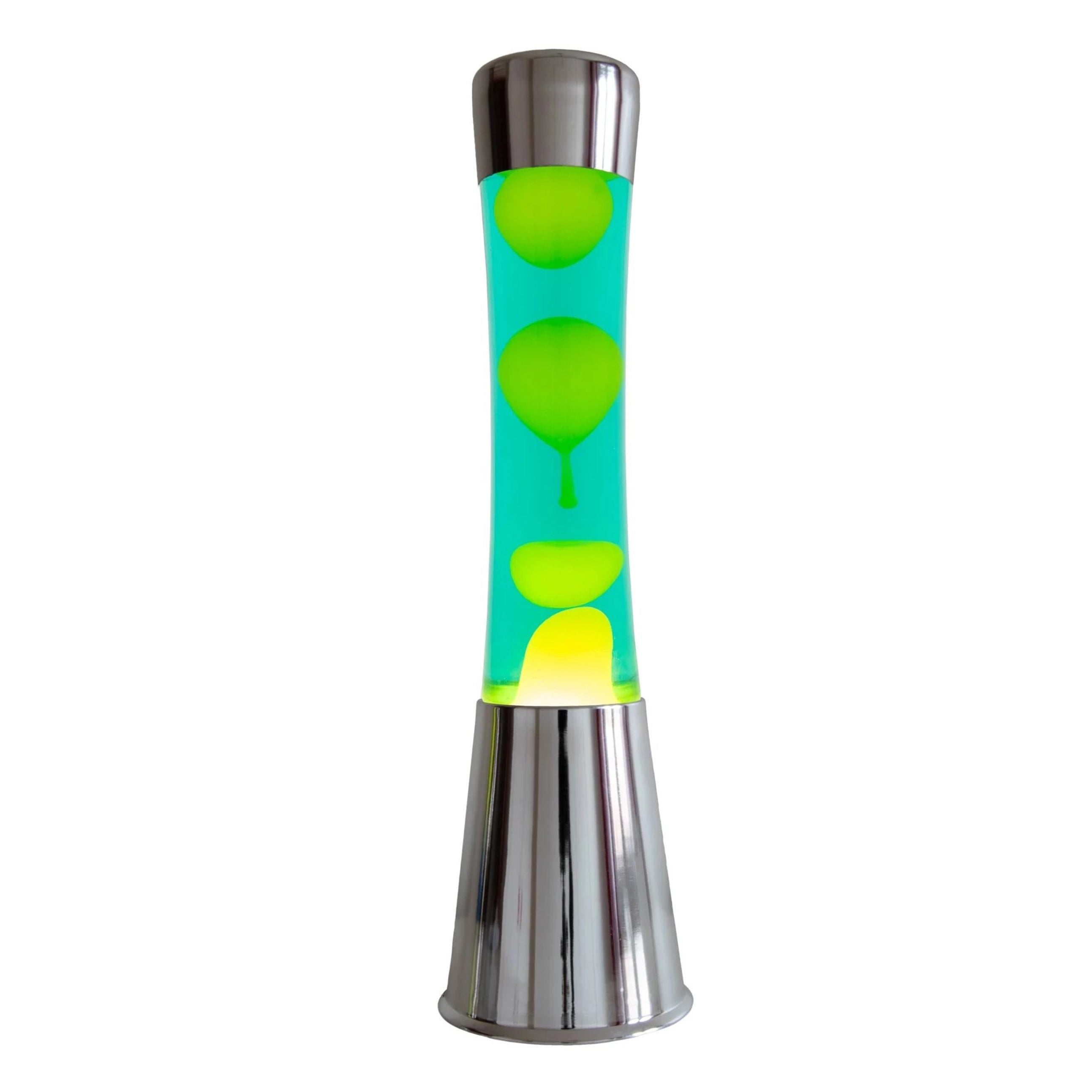 Fisura - Lampe à lave verte et jaune. Base chromée argentée, liquide vert et lave jaune. Avec ampoule de rechange. 11 cm x 11cm x 39,5 cm. - 6