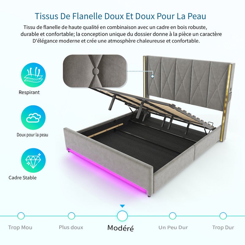 Lit 180x200 avec ports USB et éclairage LED,Lit double rembourré avec poches latérales,Lit coffre hydraulique,tissu velours,Gris foncé (Sans matelas) - 5