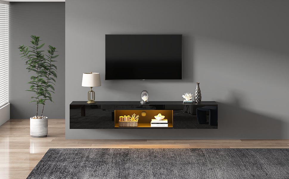 Szafka ścienna pod telewizor z 2 drzwiami i otwartą przegrodą - 160 x 31 x 22 cm - Oświetlenie LED - Płyta wiórowa - Czarny połysk - 9