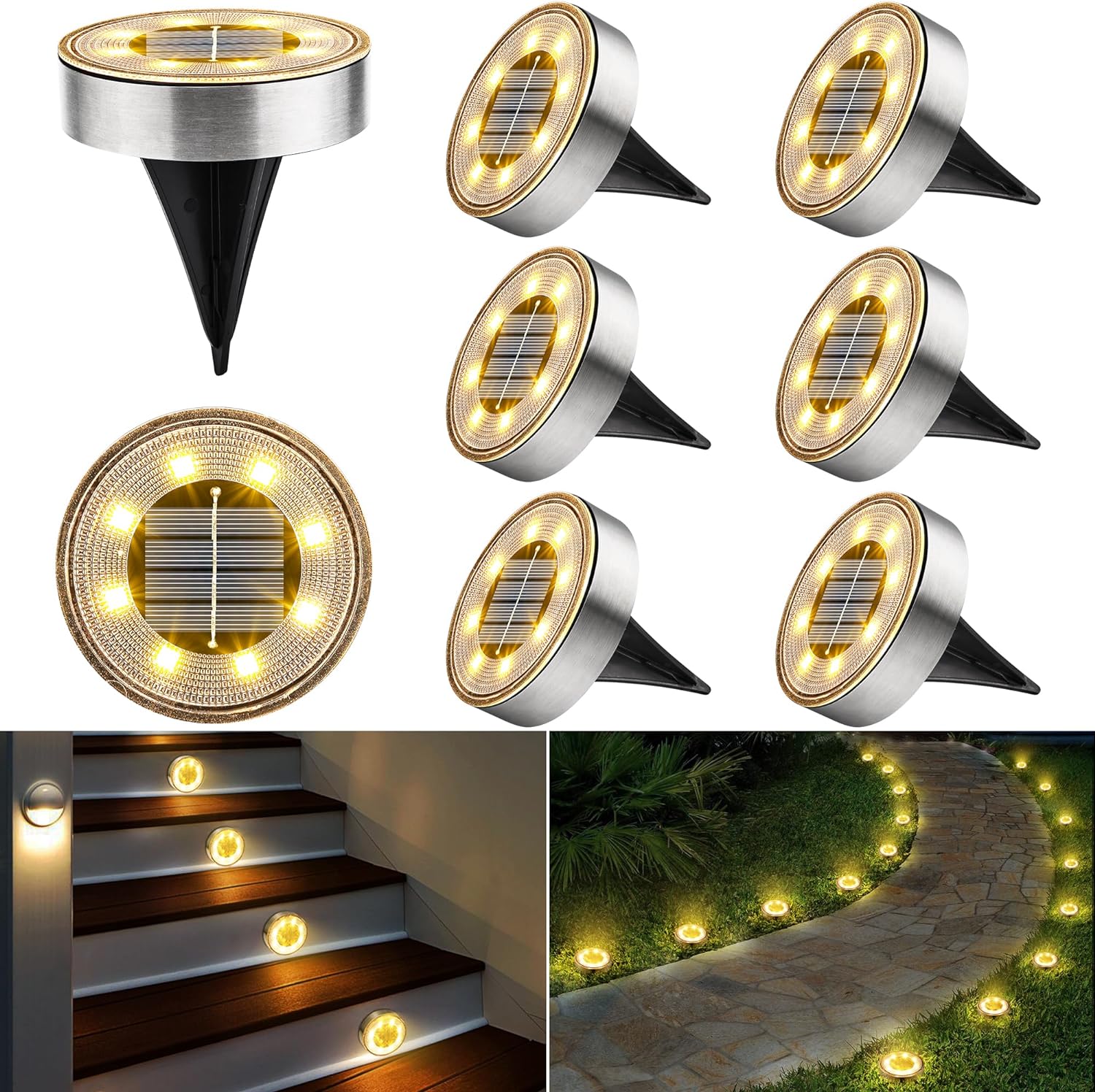 Solarne lampy trawnikowe, wodoodporne lampy solarne zewnętrzne IP68, ciepłe światło 6000K, wbudowany czujnik światła, 8 sztuk