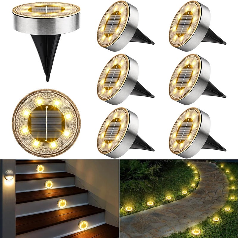 Solarne lampy trawnikowe, wodoodporne lampy solarne zewnętrzne IP68, ciepłe światło 6000K, wbudowany czujnik światła, 8 sztuk