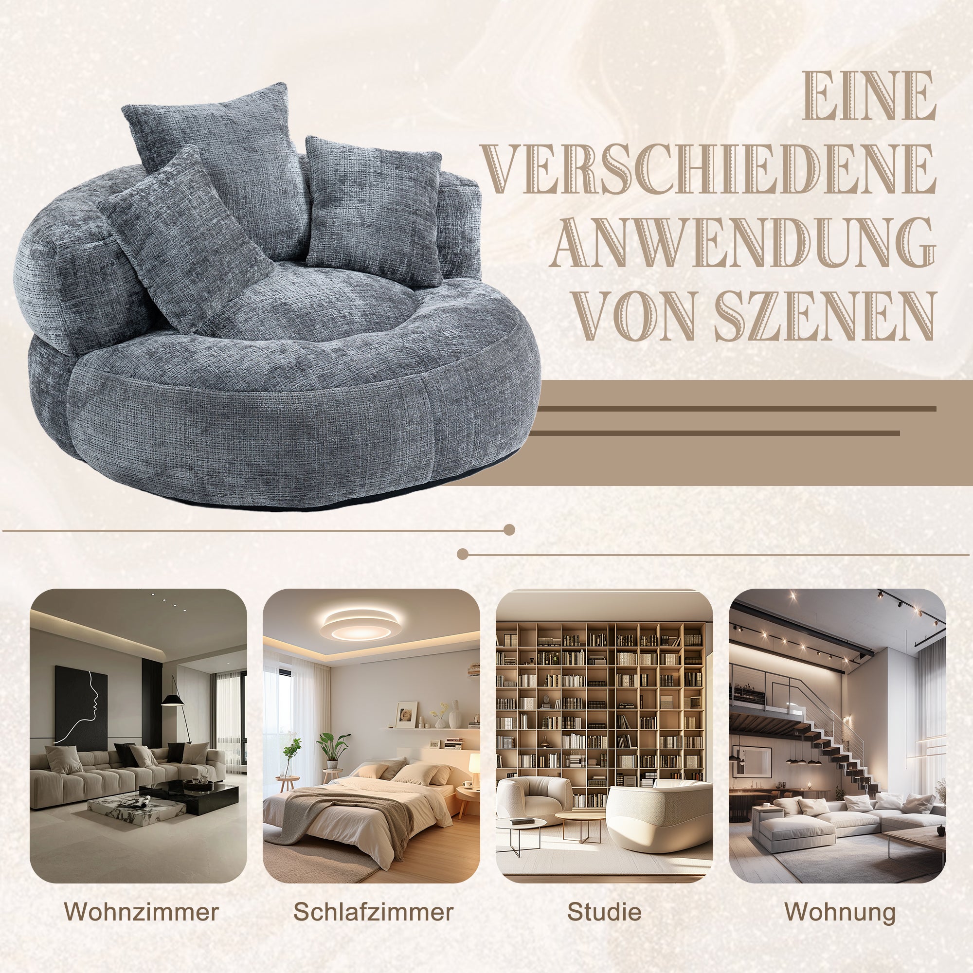 Sofá Puff Lazy Sofa Durável e Confortável com Encosto Alto e Três Almofadas para Adultos e Crianças, Ideal para Escritório (Chenille Cinza) - 5
