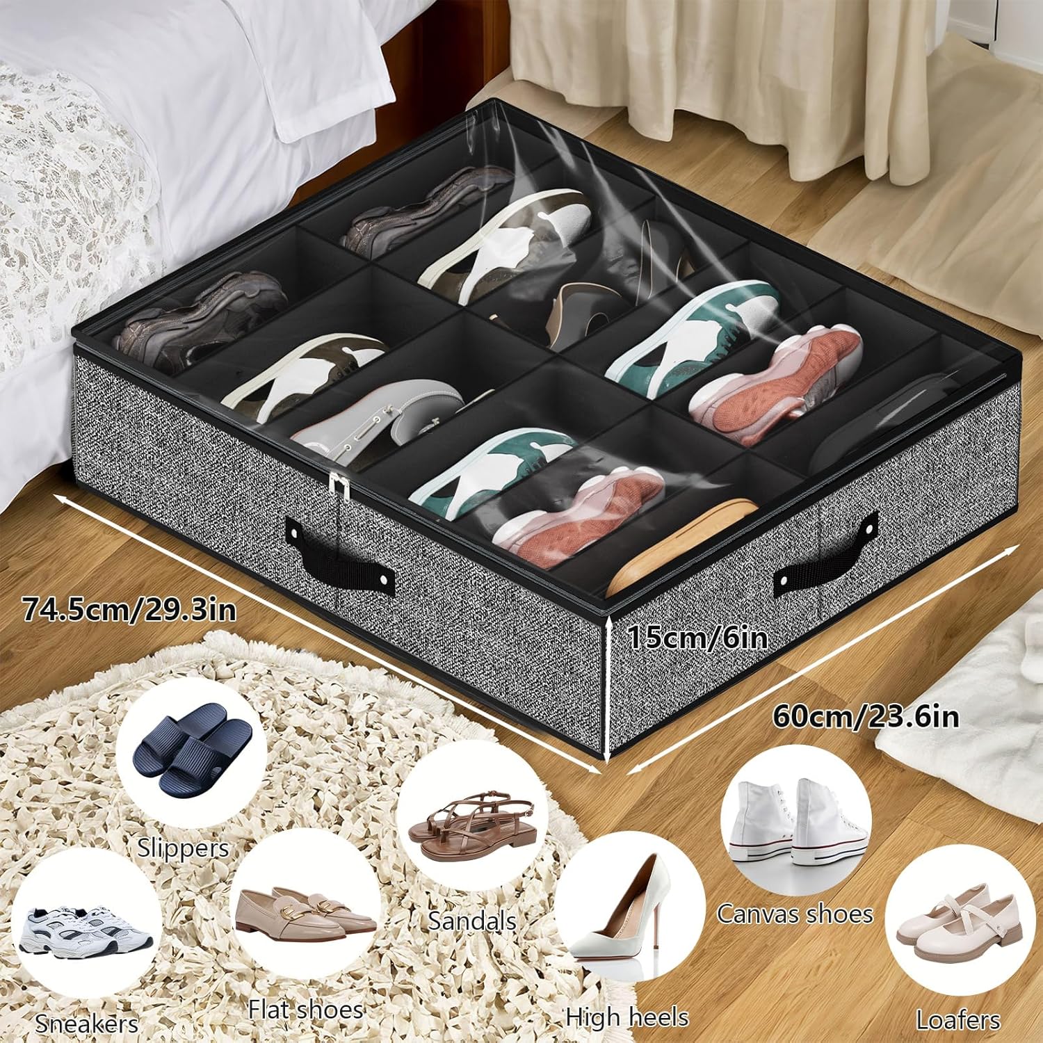 Organizzatore for riporre le scarpe sotto il letto Organizzatore for scarpe sotto il letto Scatola contenitore for scarpe pieghevoli con coperchio trasparente Maniglia for finestra trasparente for bam