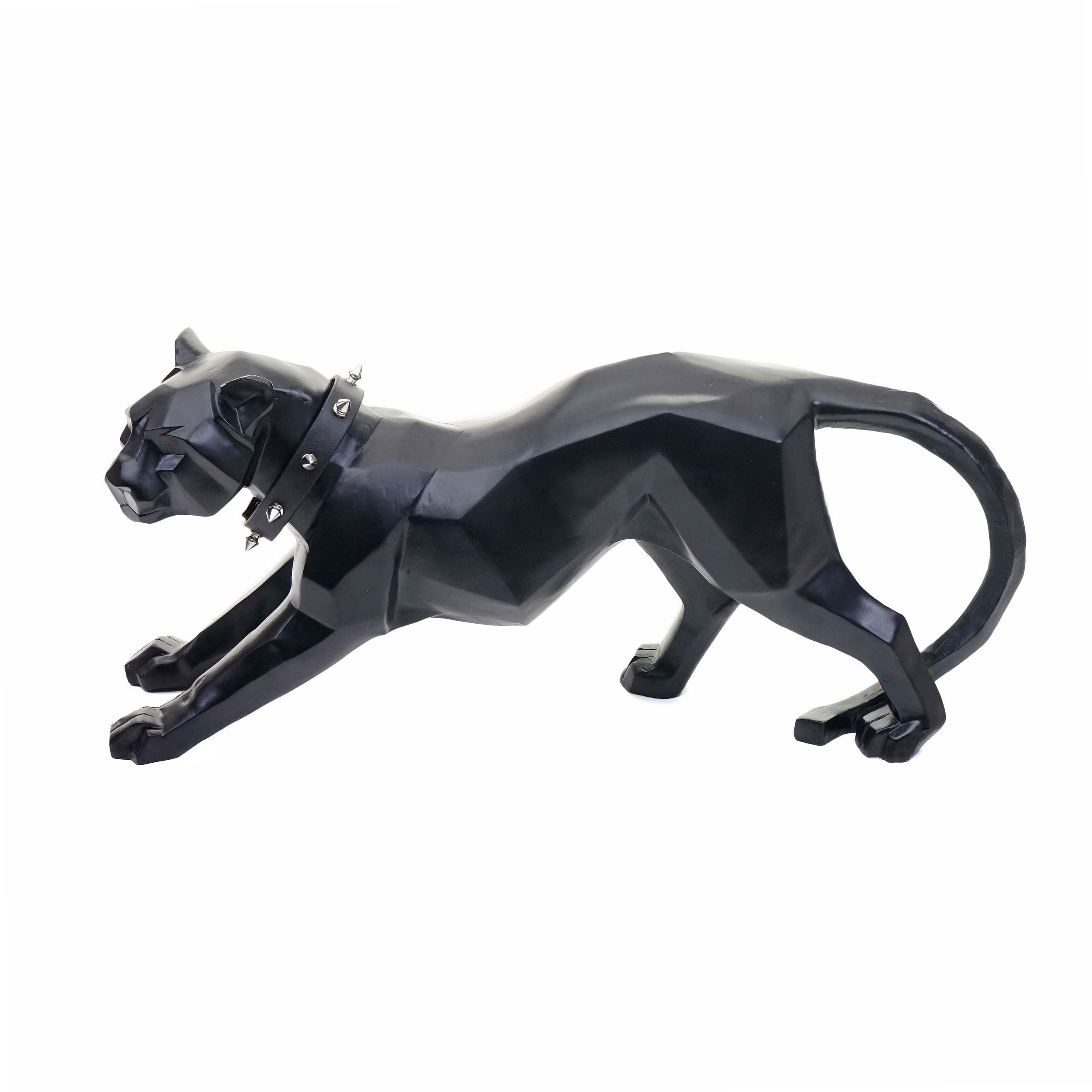 Figura deco leopardo hwc-d36, escultura estatua de gato rapaz, poliresina, interior/exterior, 45x20x11cm ~ negro mate con collar