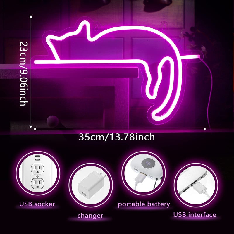 Lumière Néon Chat LED - Alimentation USB Ou Piles - 23,5x17,5 Cm - Décoration Murale Ou Posée - IP45 - Idéal Cadeau Saint-Valentin