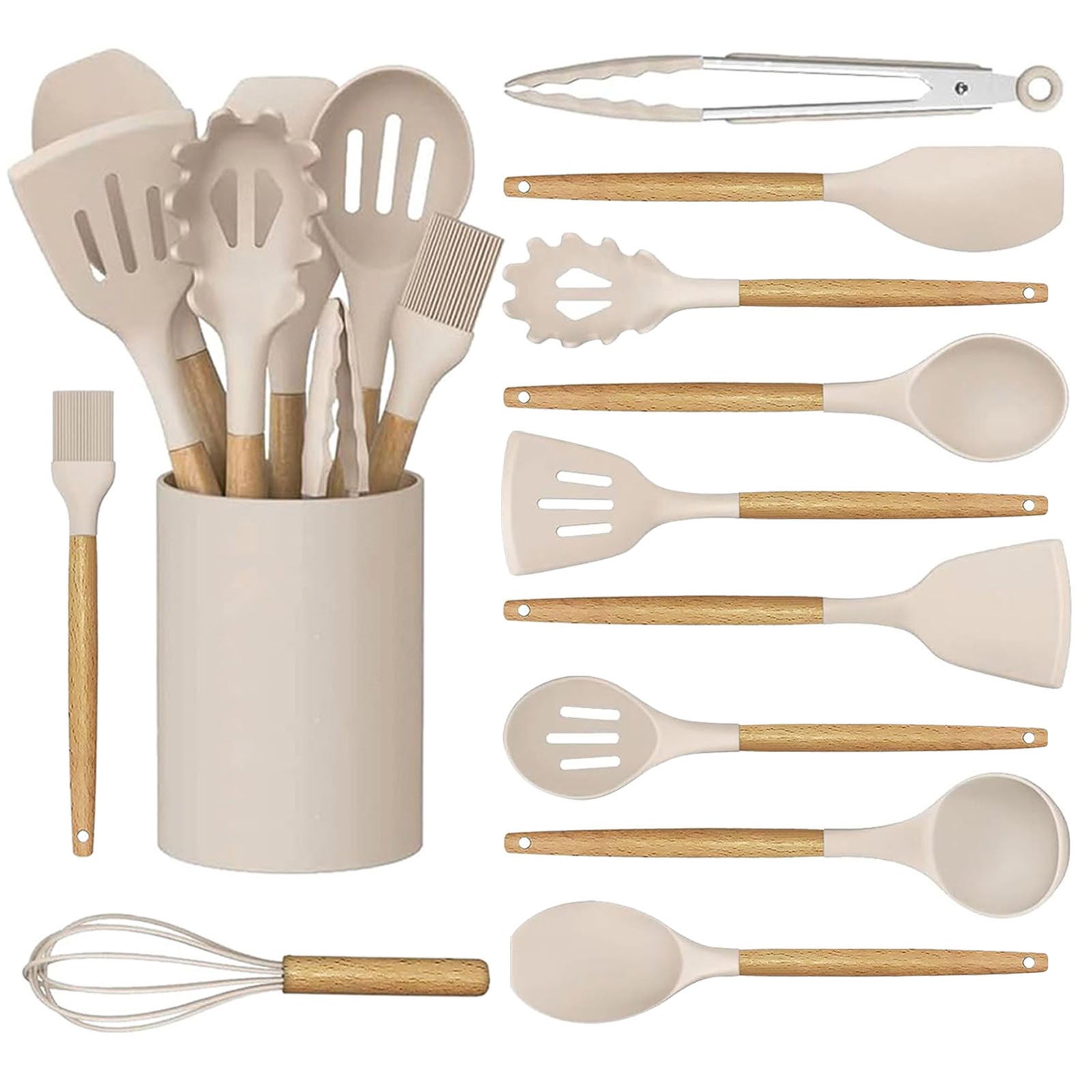 Lote 12 Utensilios de Cocina de Silicona y Mango de Madera con Soporte - 3
