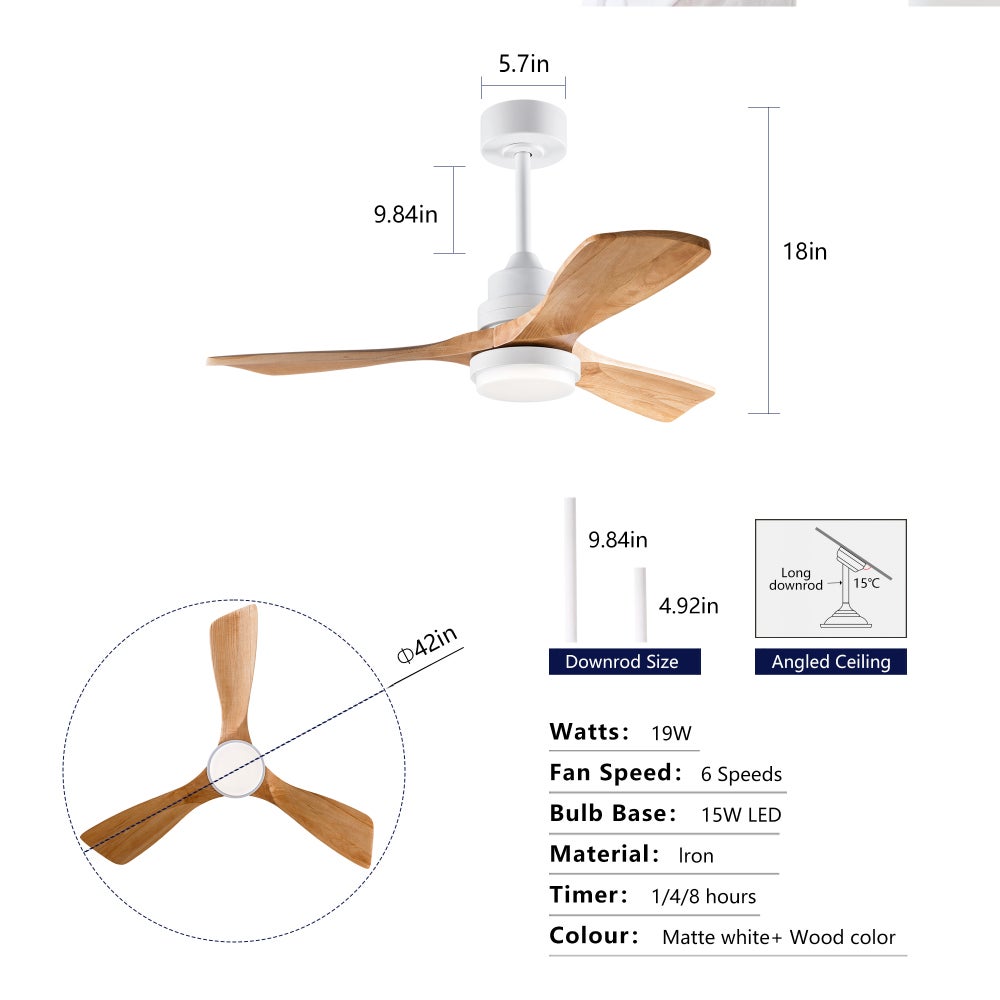 Ventilateur de plafond 107cm avec lumière et télécommande, intérieur/extérieur, 3 pales, style moderne, terrasse salon ferme - 3