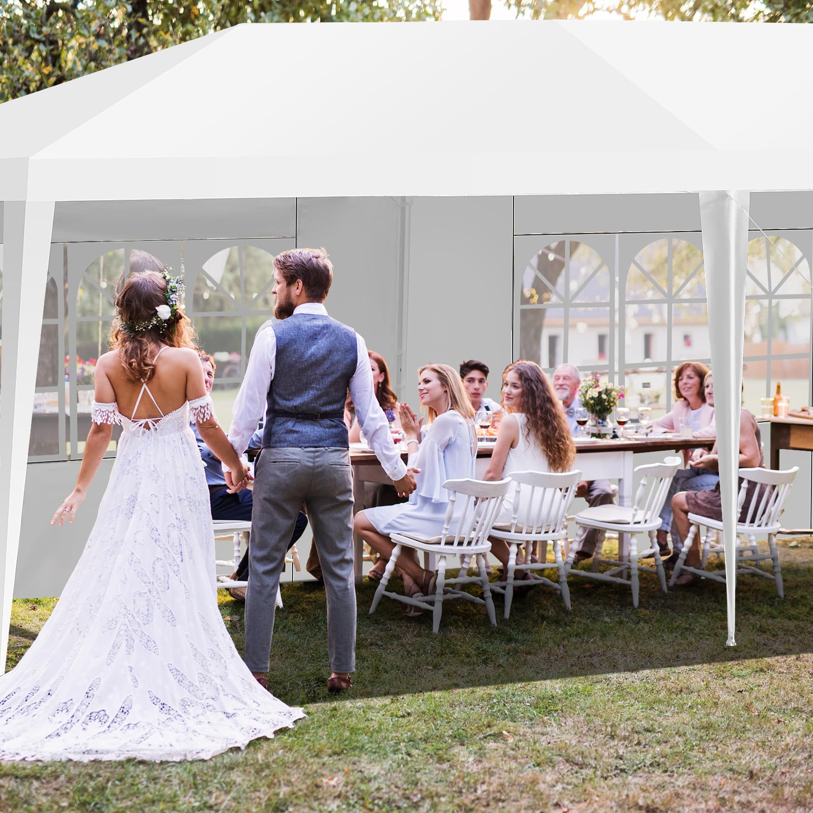 Tonnelle de Jardin 3x9m Acier, Tente de Réception avec 5 Murs Amovibles, Fenêtre sur Côté, Piquets de Terre Solides pour Fêtes, Mariage, BBQ, Blanc - 2