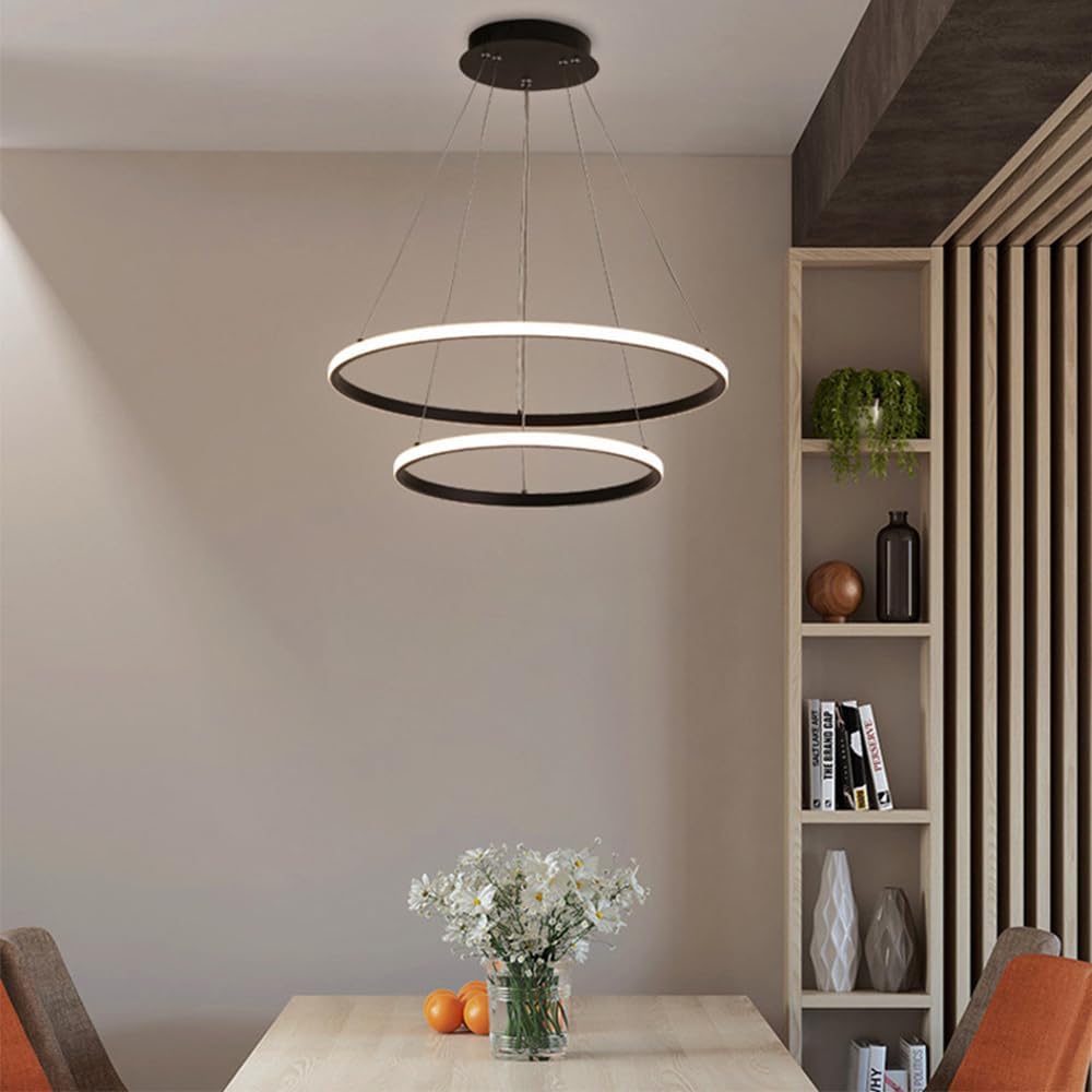 COMELY Suspensions d'éclairage Intérieur -Lustre LED Moderne D 20+40cm - Noir - Lumière blanche 32W 3600LM 6500K - Réglable en hauteur - 2