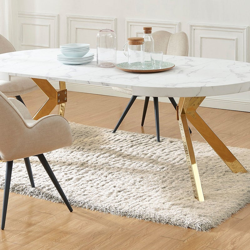 Stół do jadalni rozkładany dla 4 do 8 osób z MDF i stali - Efekt białego marmuru i Złoty - KOMONI