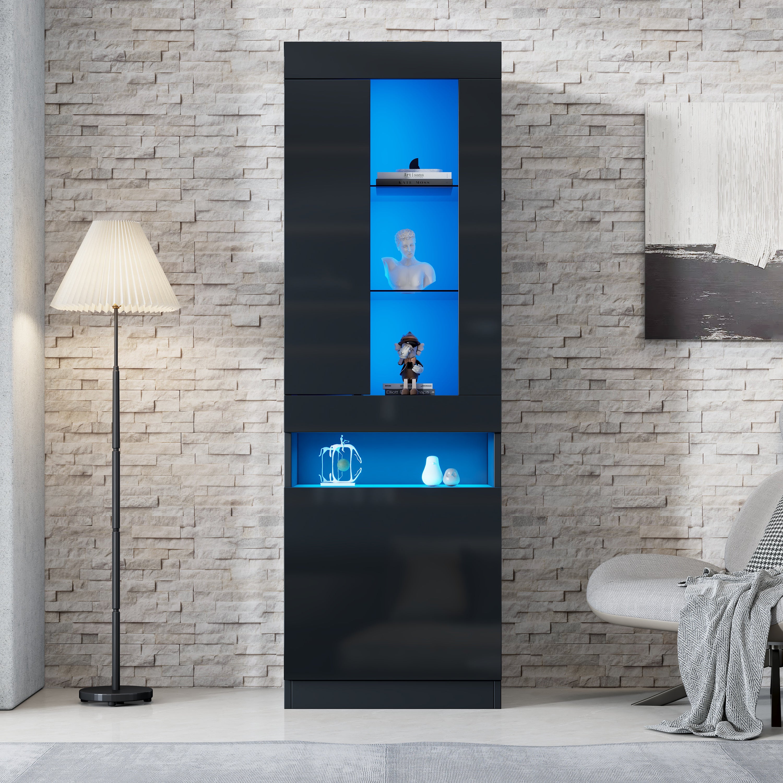 Witryna z 2 drzwiami - 50 x 40 x 180 cm - diody LED - płyta wiórowa i 2 szklane półki - połyskująca czerń - 6