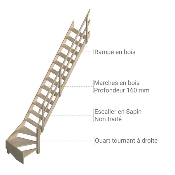 Escalier bois 15 marches - Hauteur à franchir 3.20m - Avec rampe - Largeur 0,68m - COTTAGEJ-LD-320 - 3