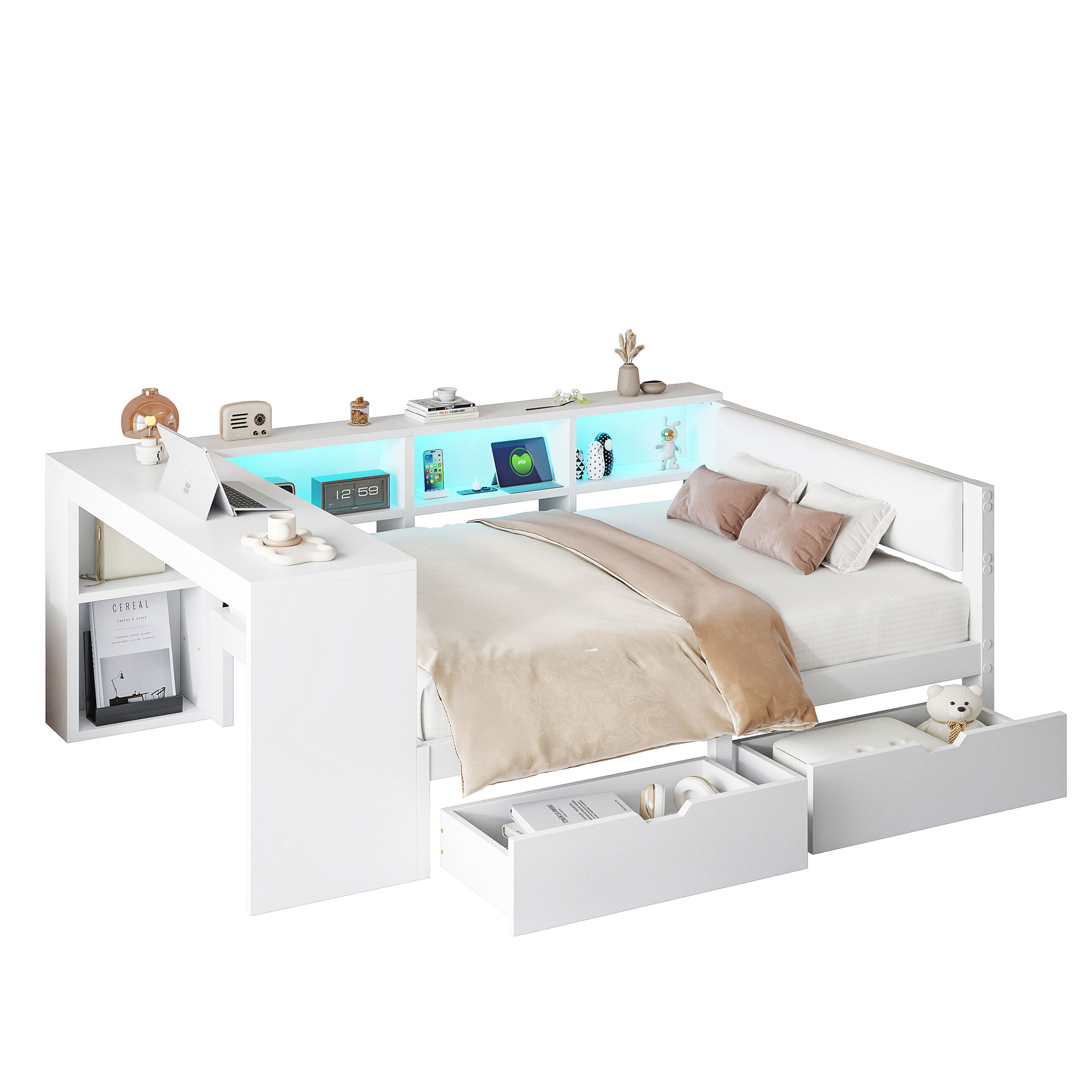 Lit 140 x 200 cm avec bureau, bibliothèque et 2 tiroirs - LEDs et charge de prises - MDF et contreplaqué - Blanc (Sans matelas) - 5