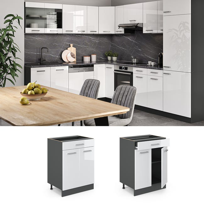 Vicco Cuisine R-Line, Noir Haute Brillance/Blanc, 300 Cm Sans Plan De Travail Vicco Cuisine R-Line, Noir Haute Brillance/Blanc, 300 Cm Sans Plan De Travail