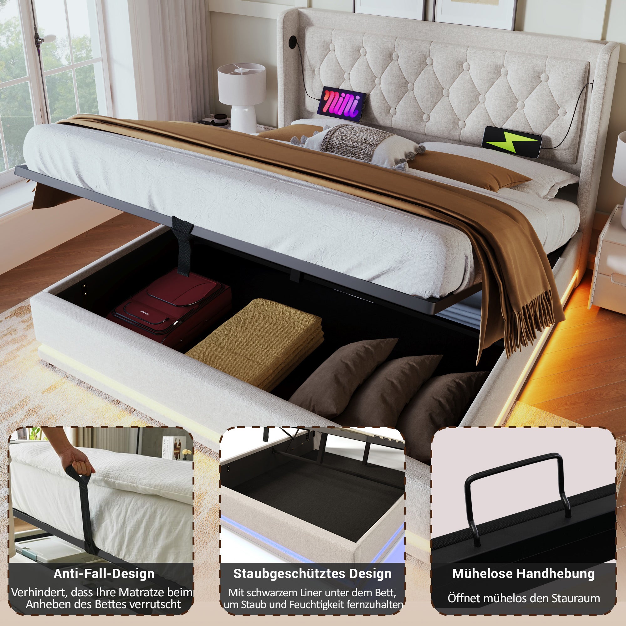 Łóżko Double 160x200 cm z materacem - Poduszka głowieniowa z wypełnieniem USB-C - Drewno bawełniane Beige - Łóżko z hydraulicznym przechowywaniem - 5