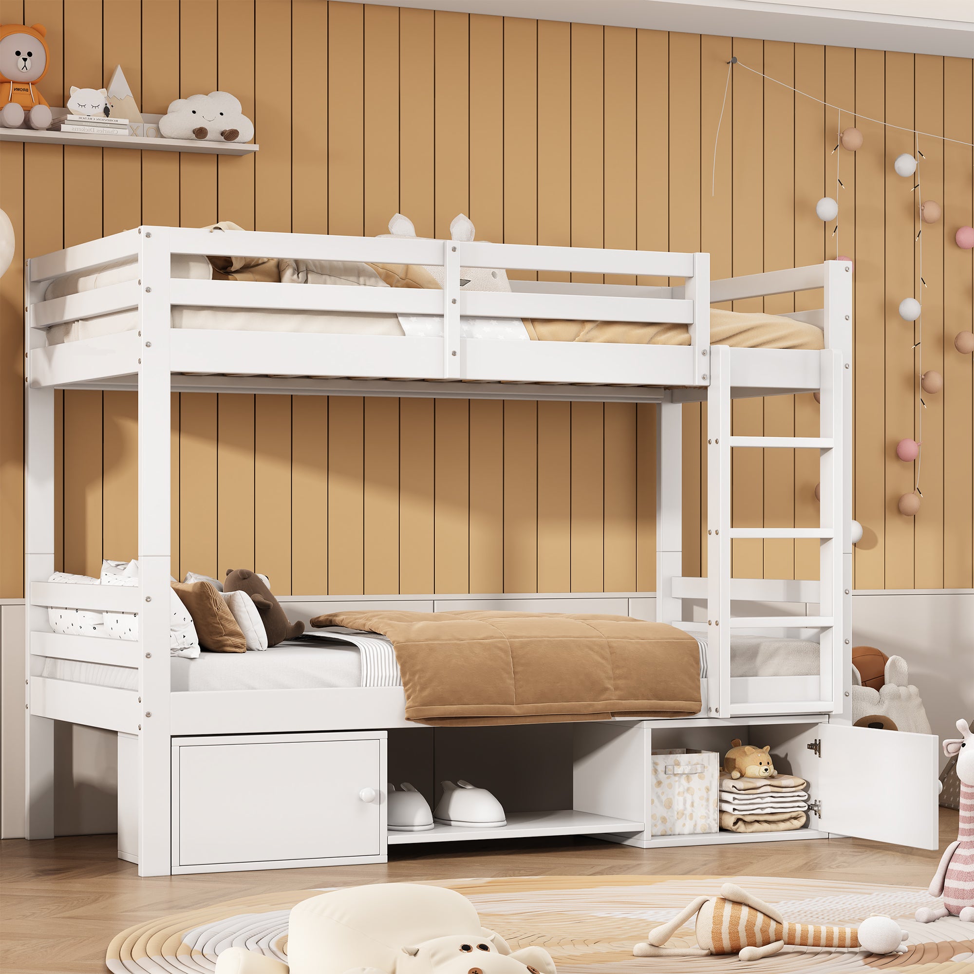 Łóżko piętrowe 90x200cm z litego drewna sosnowego z meblem do przechowywania i półką na buty - dzielone na 2 łóżka pojedyncze - Białe - 2