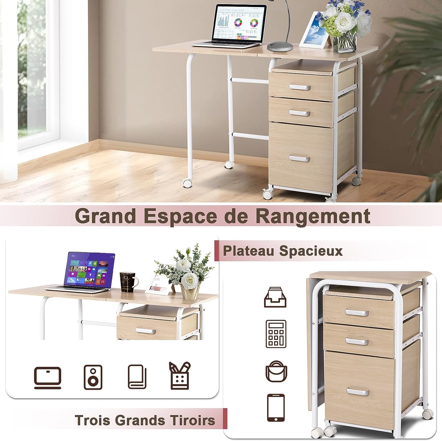 Bureau Pliable avec 3 Tiroirs, Table d'Écriture Roues Verrouillables, Bureau à Domicile Roulant avec Cadre en Métal, Naturel - 5