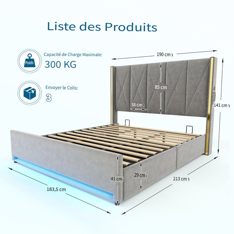 Lit 180x200 avec ports USB et éclairage LED,Lit double rembourré avec poches latérales,Lit coffre hydraulique,tissu velours,Gris foncé (Sans matelas) - 3