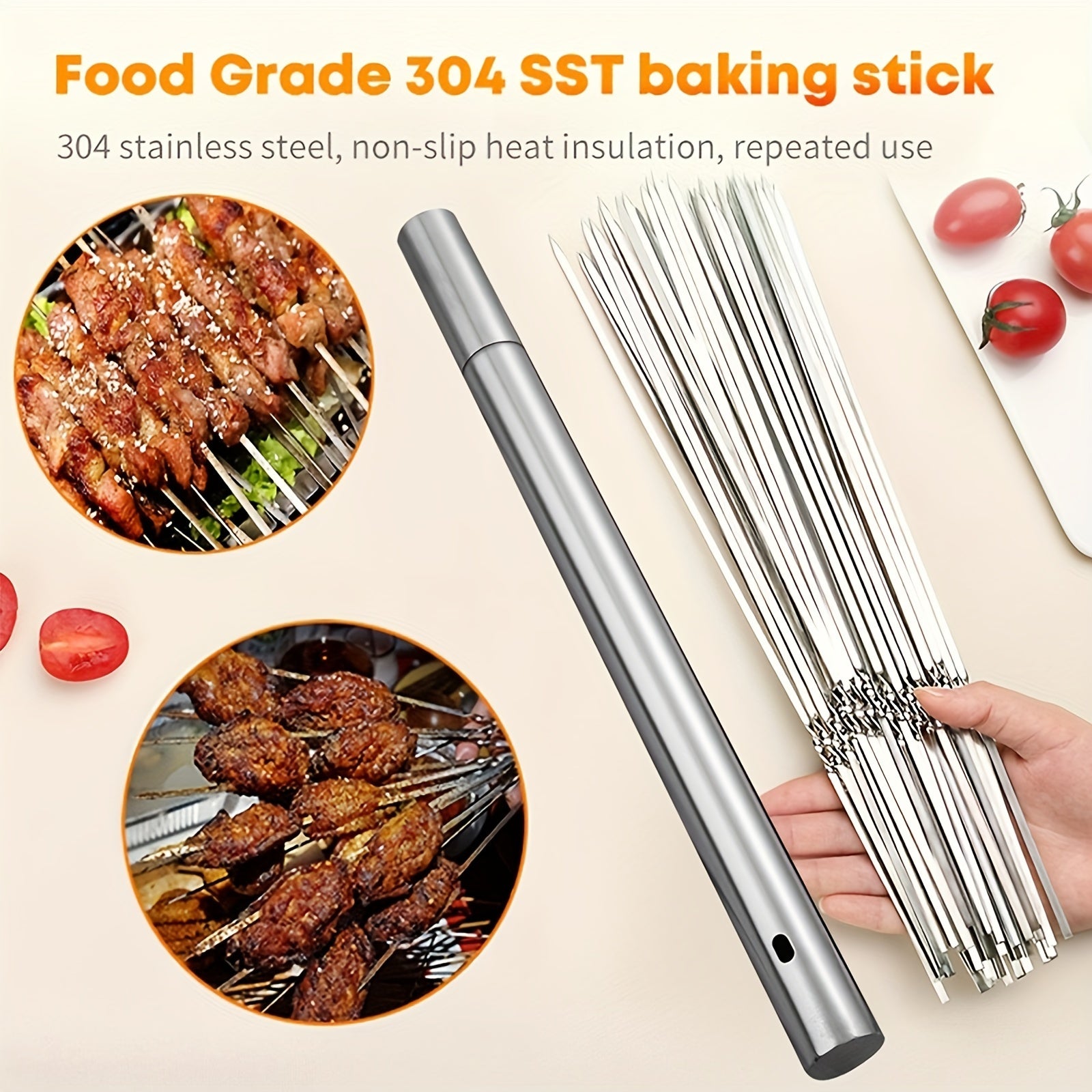 Brochettes de viande de Barbecue réutilisables en acier inoxydable, 50 pièces et 1 Tube de rangement pour Barbecue de Camping en plein air - 3