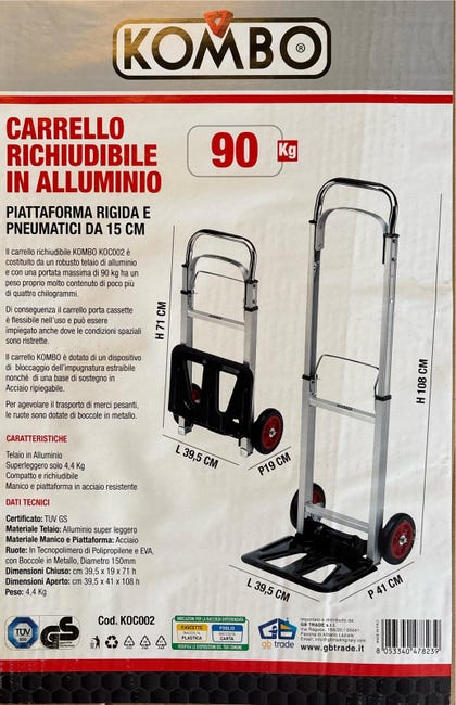 Carrello Pieghevole Multifunzionale Portatile in Alluminio a 4 Ruote, Capacità 90 Kg per Magazzino Carrello Pieghevole Multifunzionale Portatile in Alluminio a 4 Ruote, Capacità 90 Kg per Magazzino