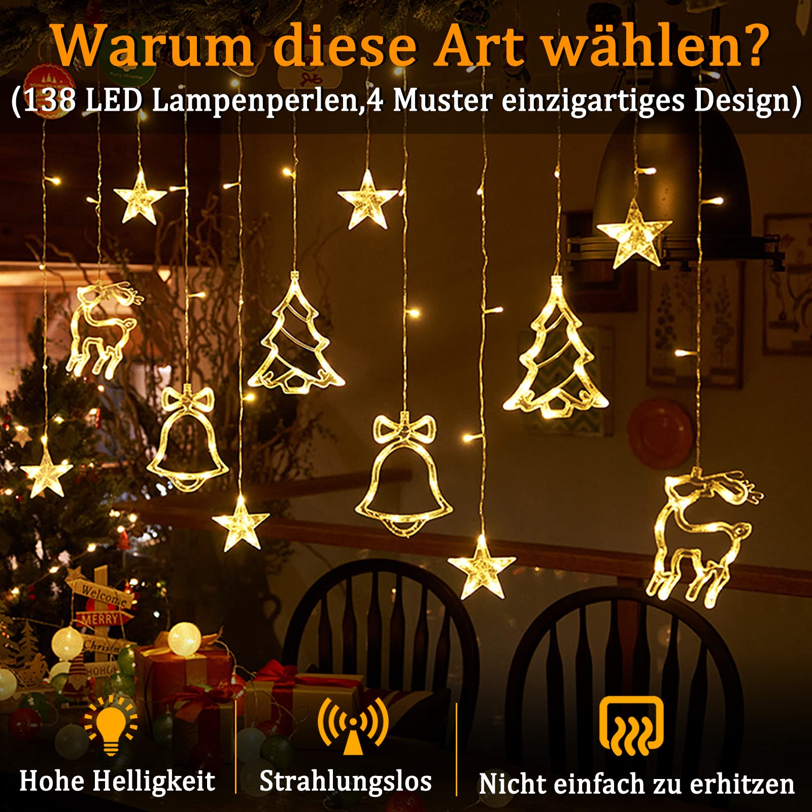 Guirlande Lumineuse Noël pour Intérieur Exterieur - 138 LED String Lights 8 Modes Guirlande de LED aver Étoiles & motifs de Noël, IP44 - Blanc Chaud - 2