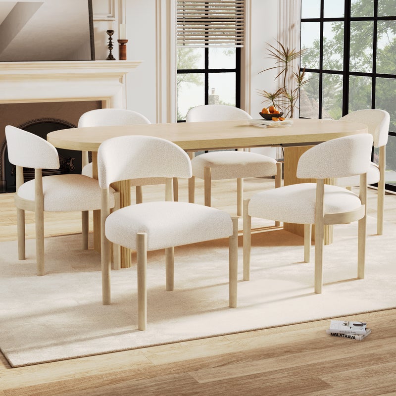 Zestaw 6 krzeseł do jadalni bez podłokietników - 58 x 58 x 78 cm - tkanina bouclé i nogi z litego drewna - naturalny