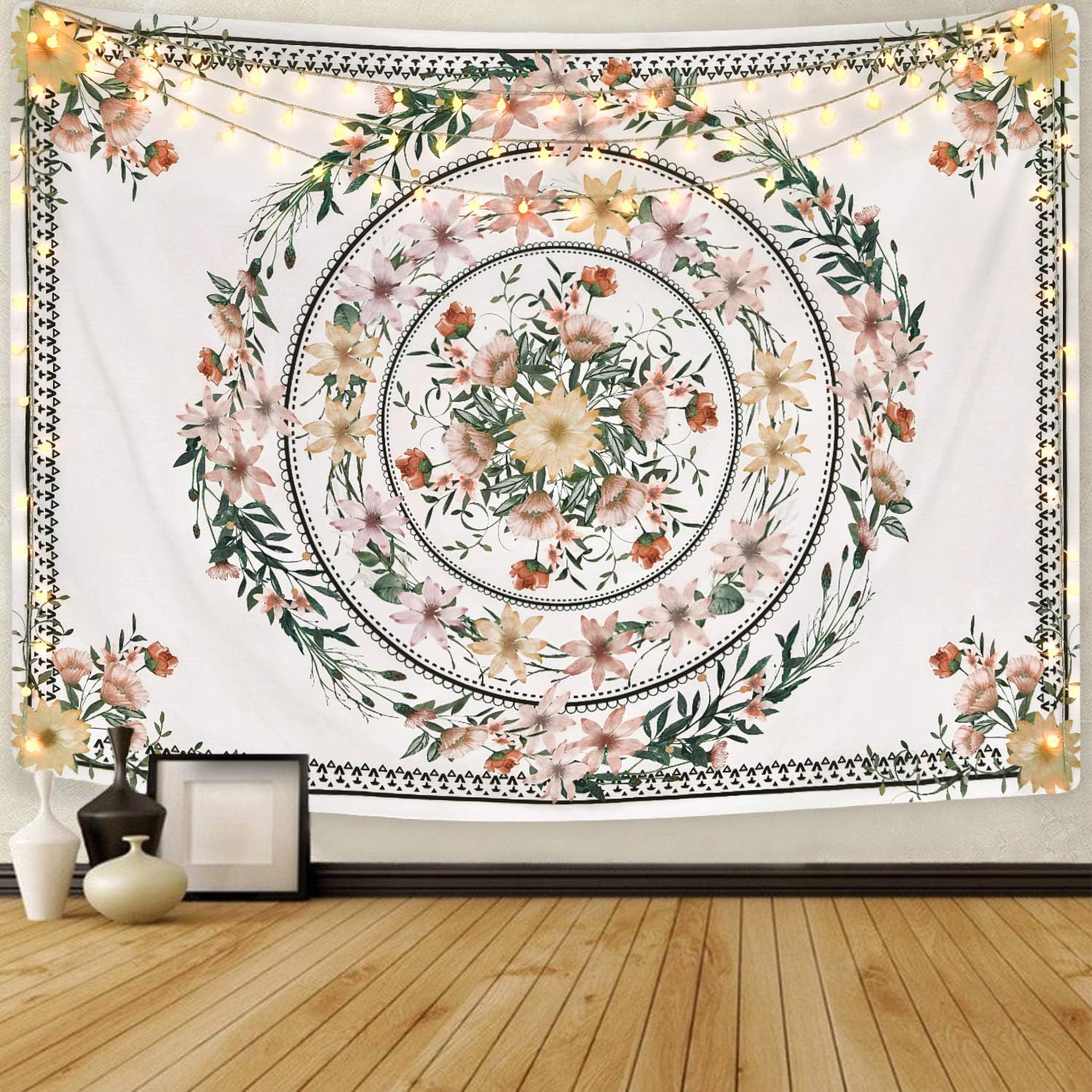 Gobelin Mandala Kwiat Boho, Roślina Estetyczna, Makatka Ścienna do Sypialni lub Salonu (130x150cm)