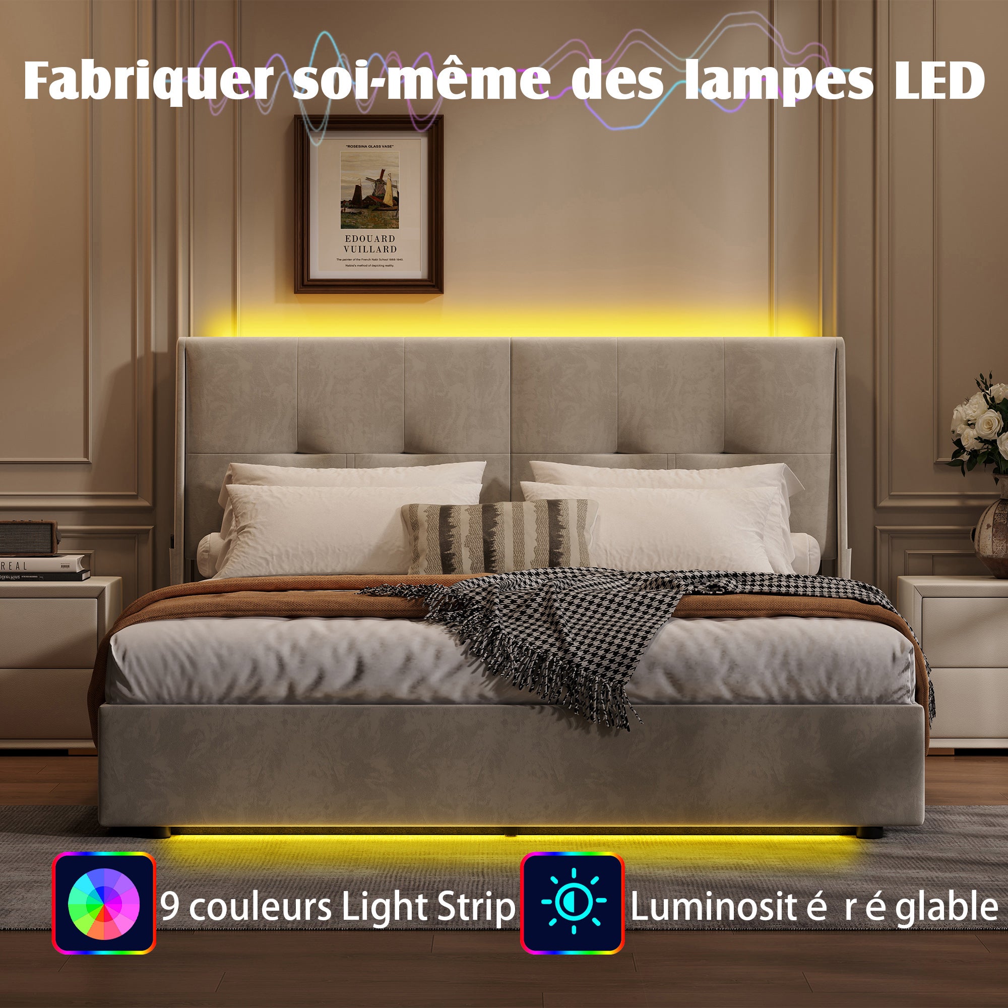 Lit coffre 160x200 cm avec LED, cadre de lit double avec sommier à lattes, tissu en velours, lit adulte, 160x200 cm, beige - 4