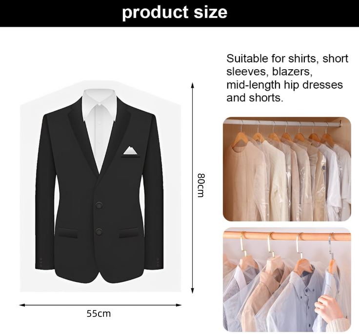 10 Pièces Housses de Vêtements, 55 ×80 cm Transparent Housse Vêtements à Suspendre, Housse Costume, Housses de Protection Anti-Poussière - 2