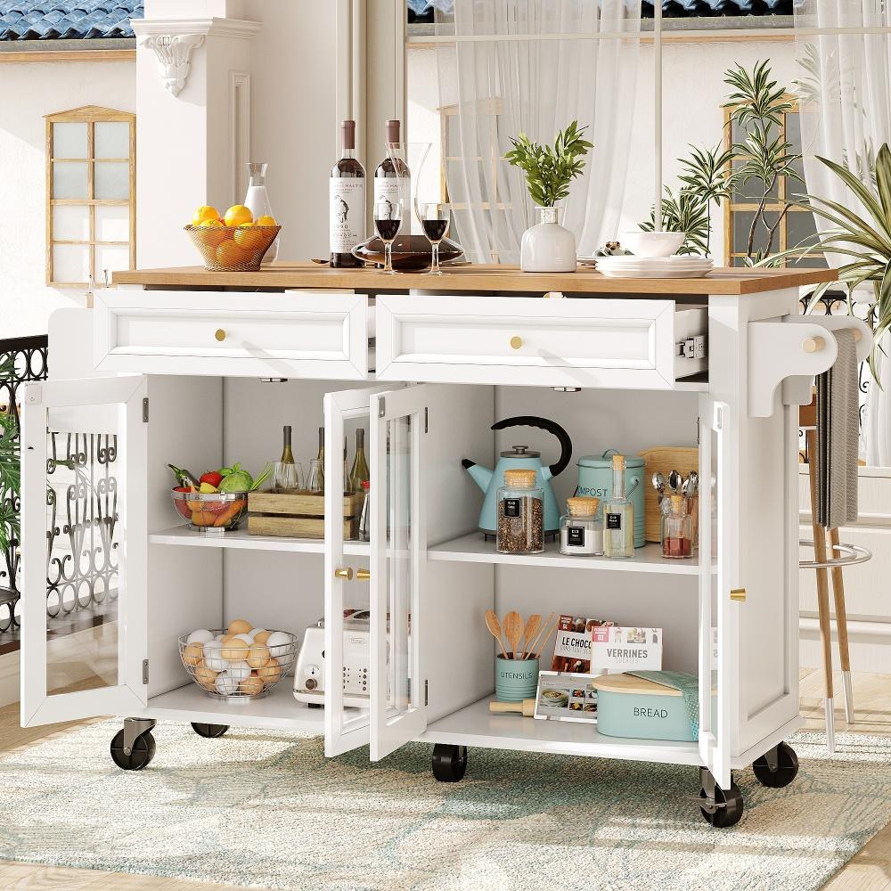 NNJN Isola Da Cucina Mobile Con Ruote – 140x72,5x90 Cm, In MDF Con Ante In Vetro, Ripiano Estendibile, Cassetto, 2 Modalità (fissa/mobile)