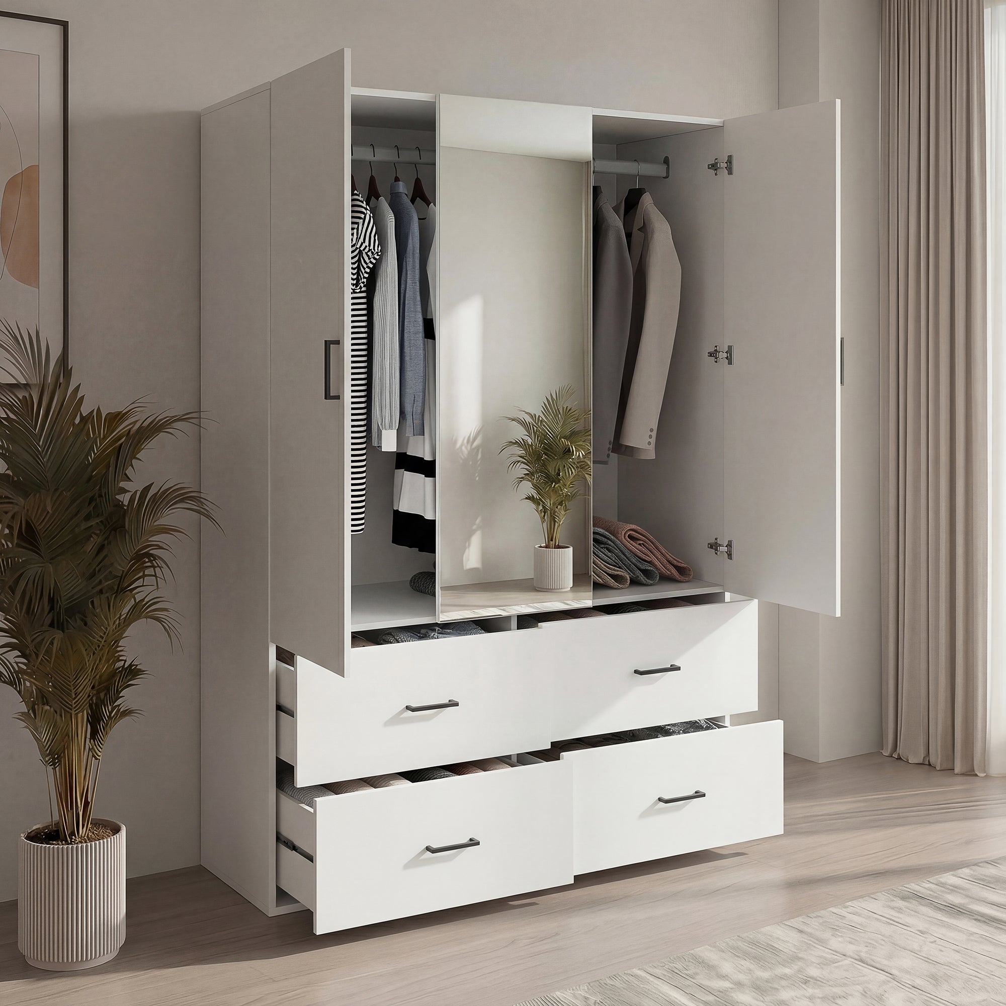 Armoire 2 portes et 4 tiroirs-L130 cm-étagères+penderie-Avec miroir-Kit ...