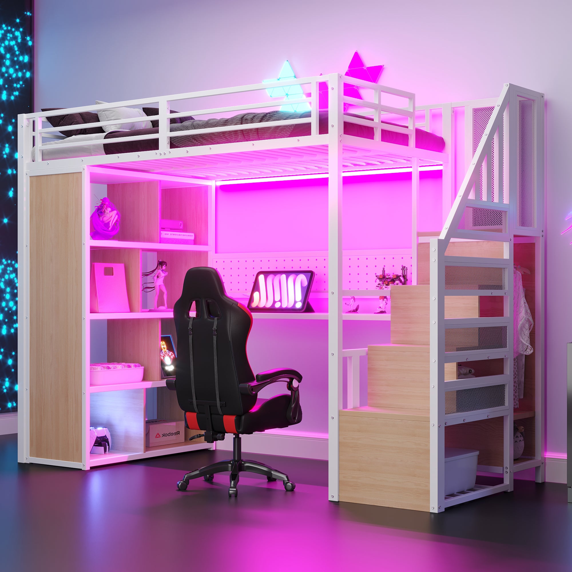 Metalowe Łóżko Piętrowe 90x200cm z Szafą, Schowkami, Drabiną, Biurkiem, Gniazdkami UE, Tablicą Perforowaną, LED i Dużą Szafą, Łóżko Pojedyncze Białe