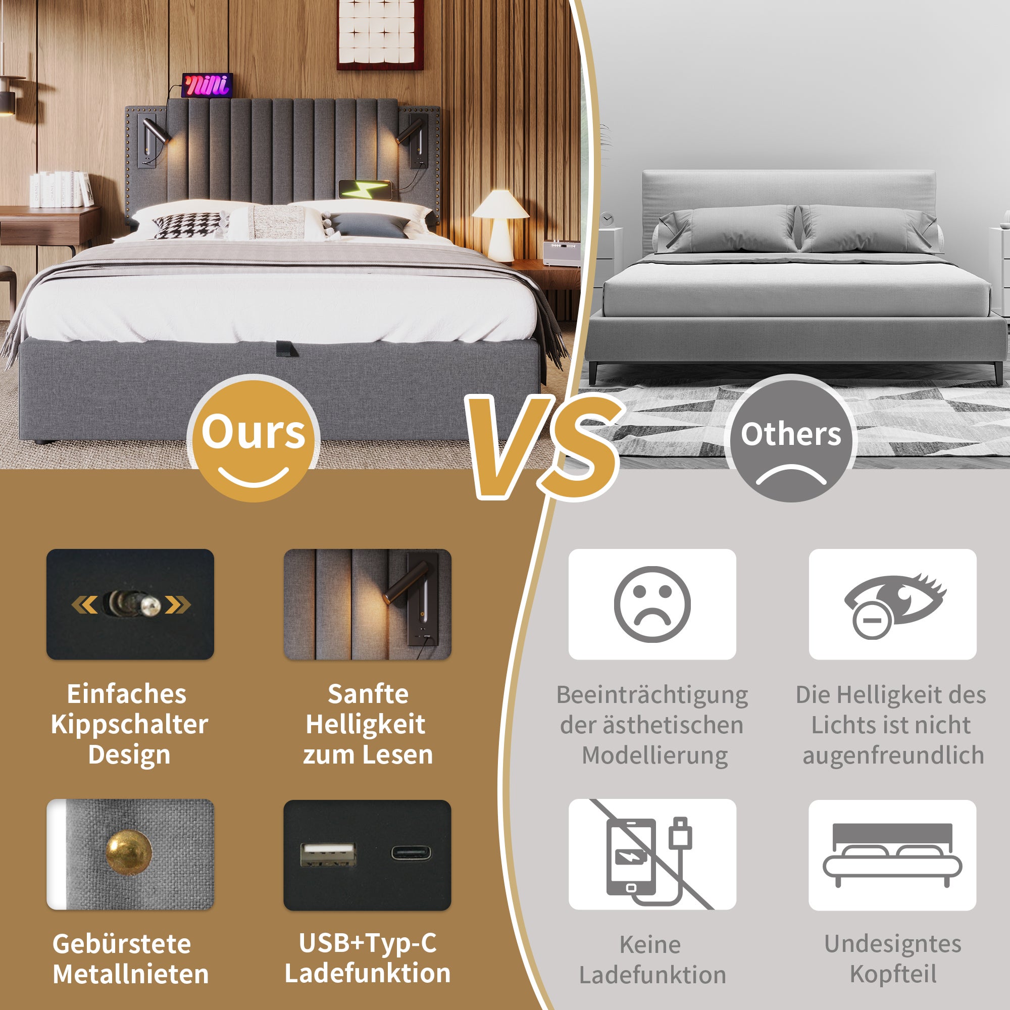 Lit coffre Lit capitonné Lit adulte 140 x 200 cm avec lampe de lecture avec fonction de chargement USB, coton, gris, matelas inclus - 5
