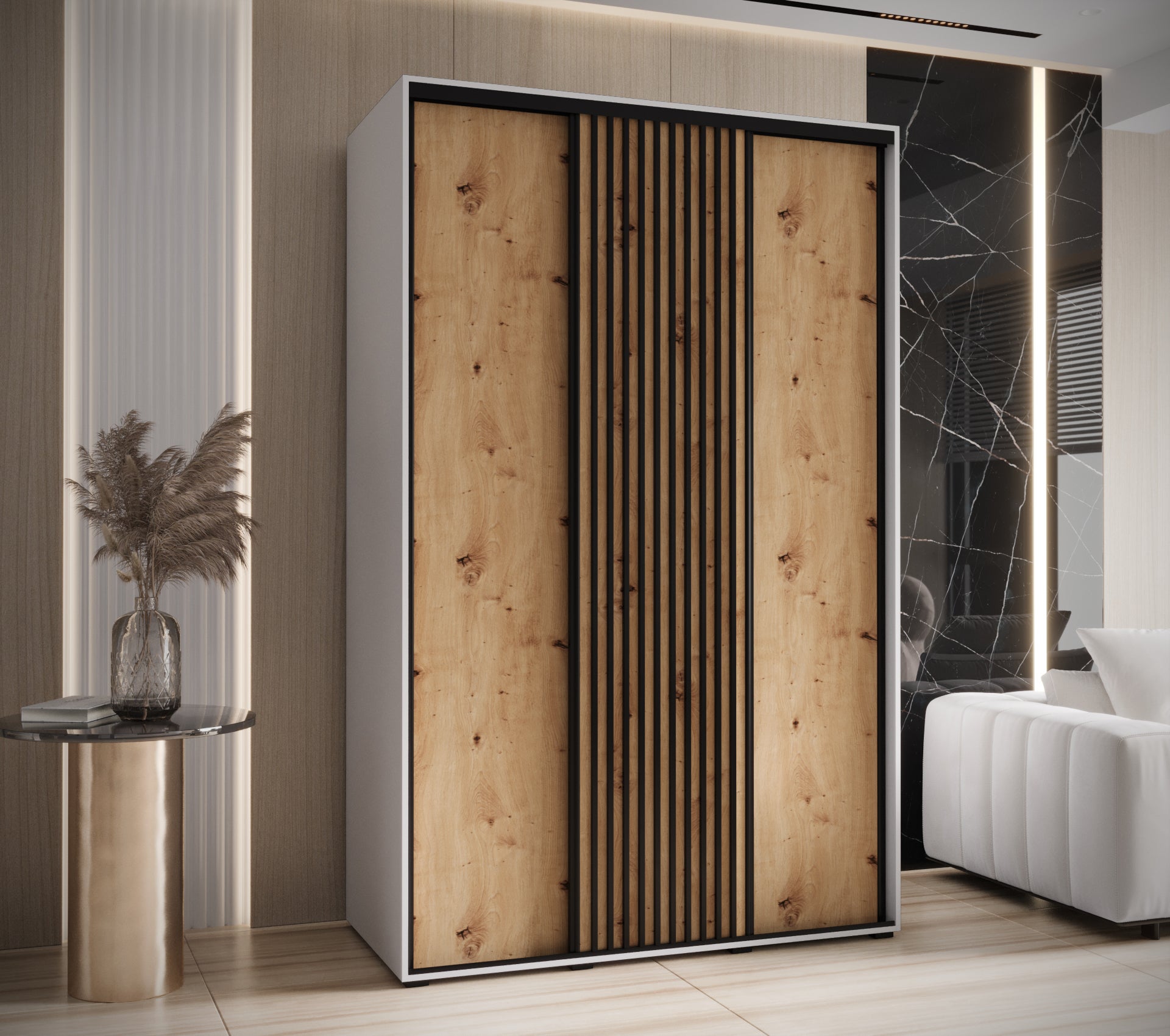 Szafa przesuwna wysoka Lanko 1 160 x 45 x 235,2 cm biały + artisan + lamele czarny - Abiks Meble - 2