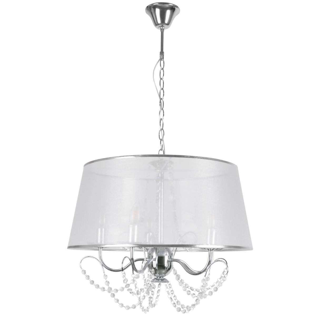 Lampa wisząca Abbazia chromowana biała 5xE14x12W kryształki wym: 105 x 56 x 56 cm tkanina Polux