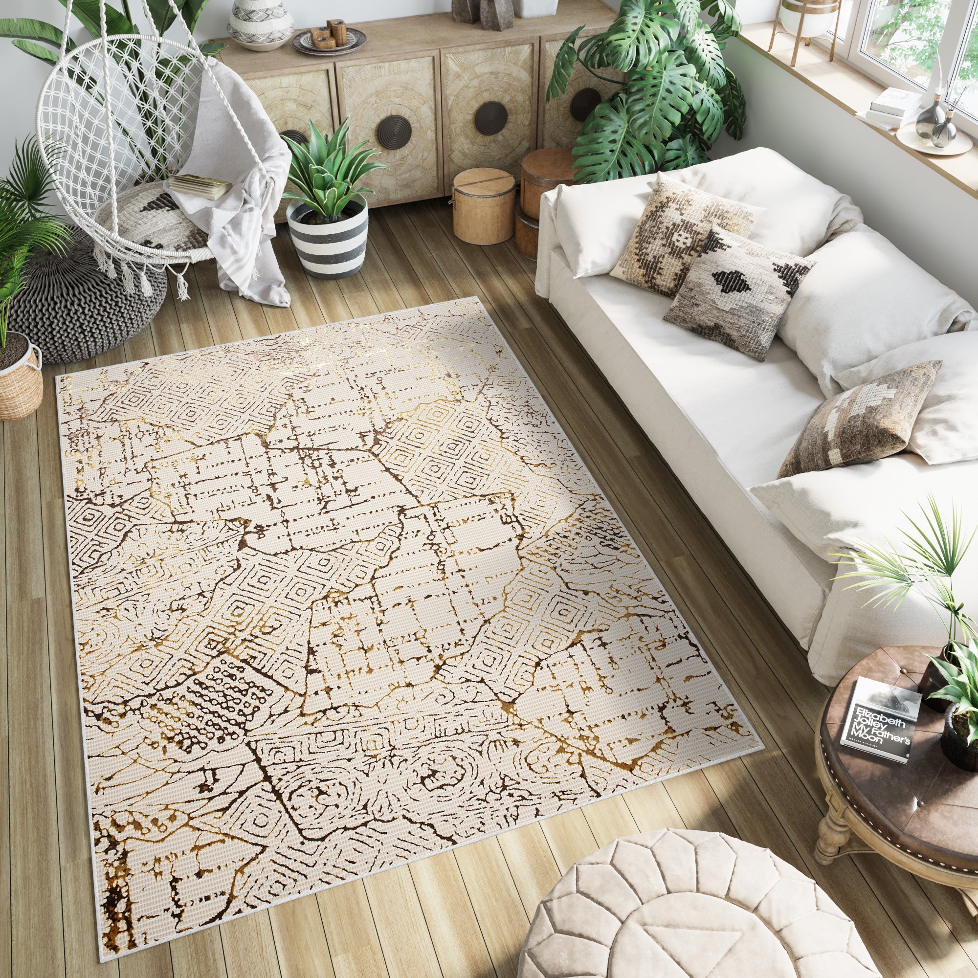 TAPISO Golden Tapis de Salon Moderne Crème Beige Marron Or Moucheté Motif Patchwork Doux Poil Court 140 x 200 cm - 9
